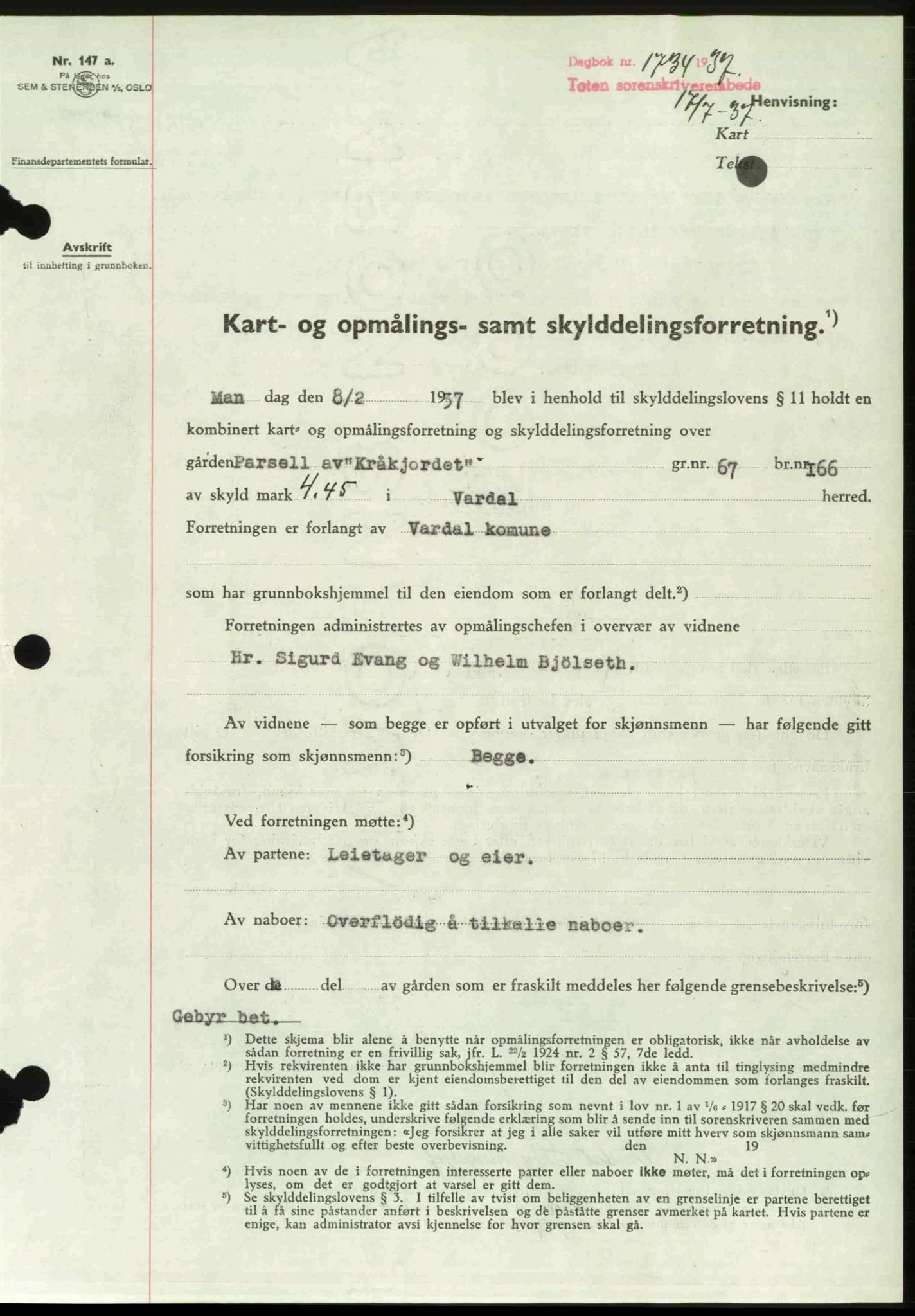 Toten tingrett, SAH/TING-006/H/Hb/Hbc/L0003: Pantebok nr. Hbc-03, 1937-1938, Dagboknr: 1734/1937