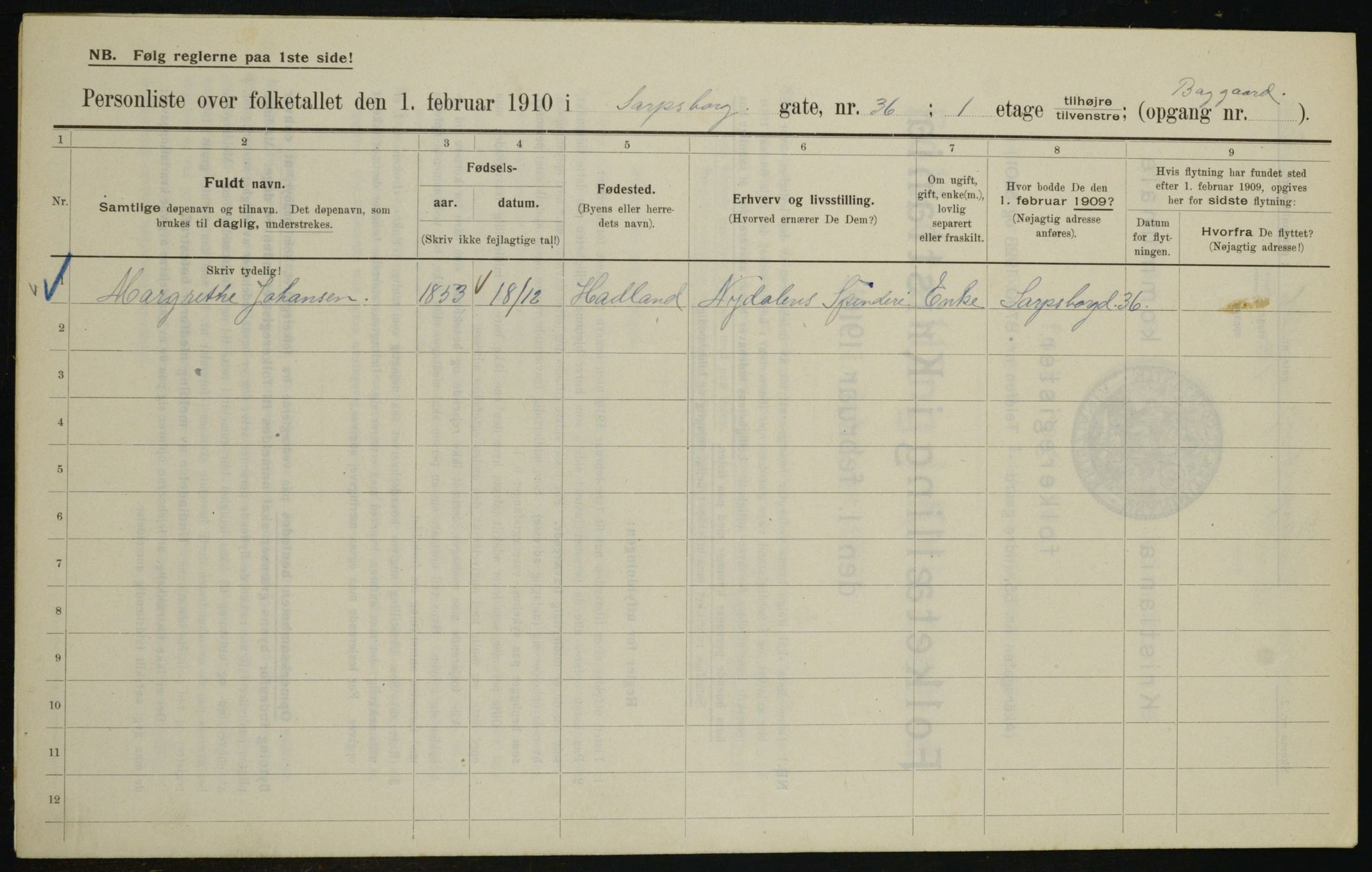 OBA, Kommunal folketelling 1.2.1910 for Kristiania, 1910, s. 85250