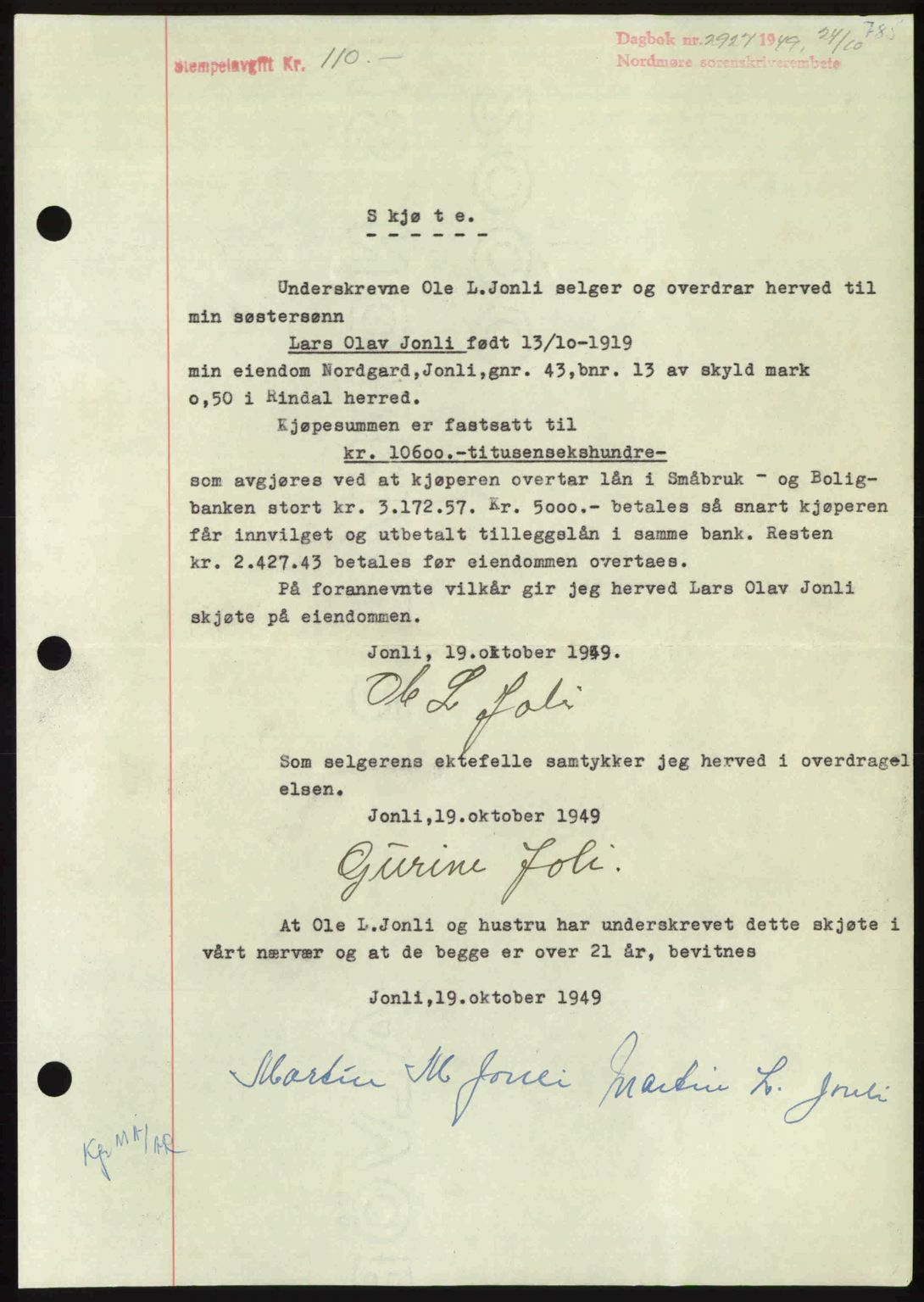 Nordmøre sorenskriveri, SAT/A-4132/1/2/2Ca: Pantebok nr. A112, 1949-1949, Dagboknr: 2927/1949