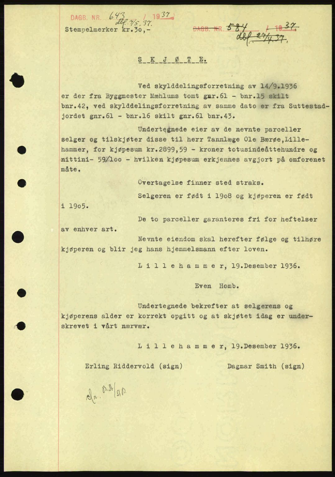 Sør-Gudbrandsdal tingrett, SAH/TING-004/H/Hb/Hbd/L0002: Pantebok nr. A2, 1936-1937, Dagboknr: 643/1937