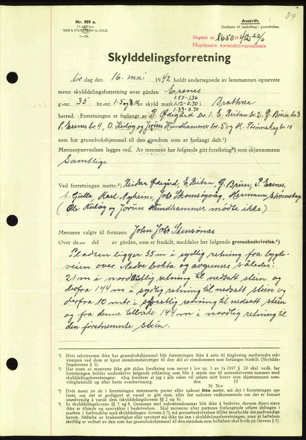 Nordmøre sorenskriveri, SAT/A-4132/1/2/2Ca: Pantebok nr. A93, 1942-1942, Dagboknr: 1650/1942