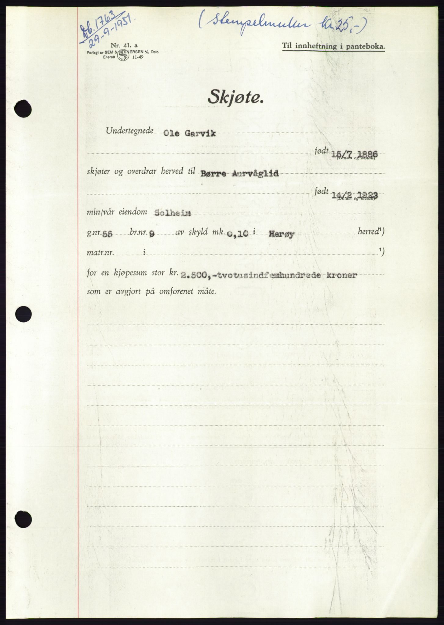 Søre Sunnmøre sorenskriveri, AV/SAT-A-4122/1/2/2C/L0090: Pantebok nr. 16A, 1951-1951, Dagboknr: 1763/1951