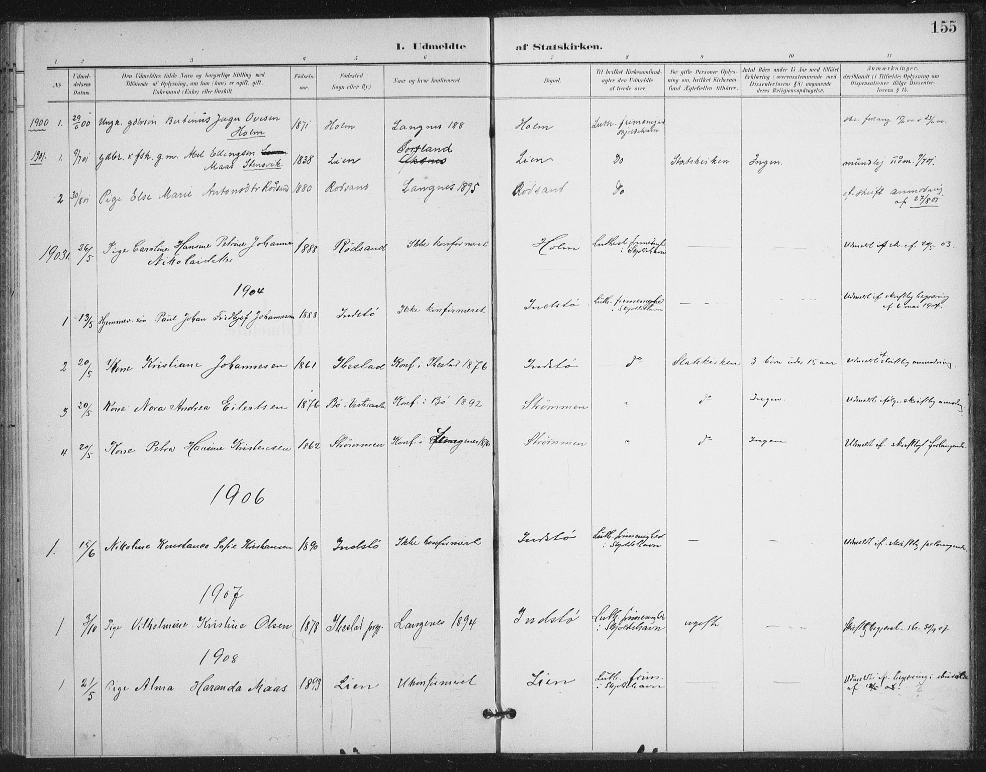 Ministerialprotokoller, klokkerbøker og fødselsregistre - Nordland, AV/SAT-A-1459/894/L1356: Ministerialbok nr. 894A02, 1897-1914, s. 155