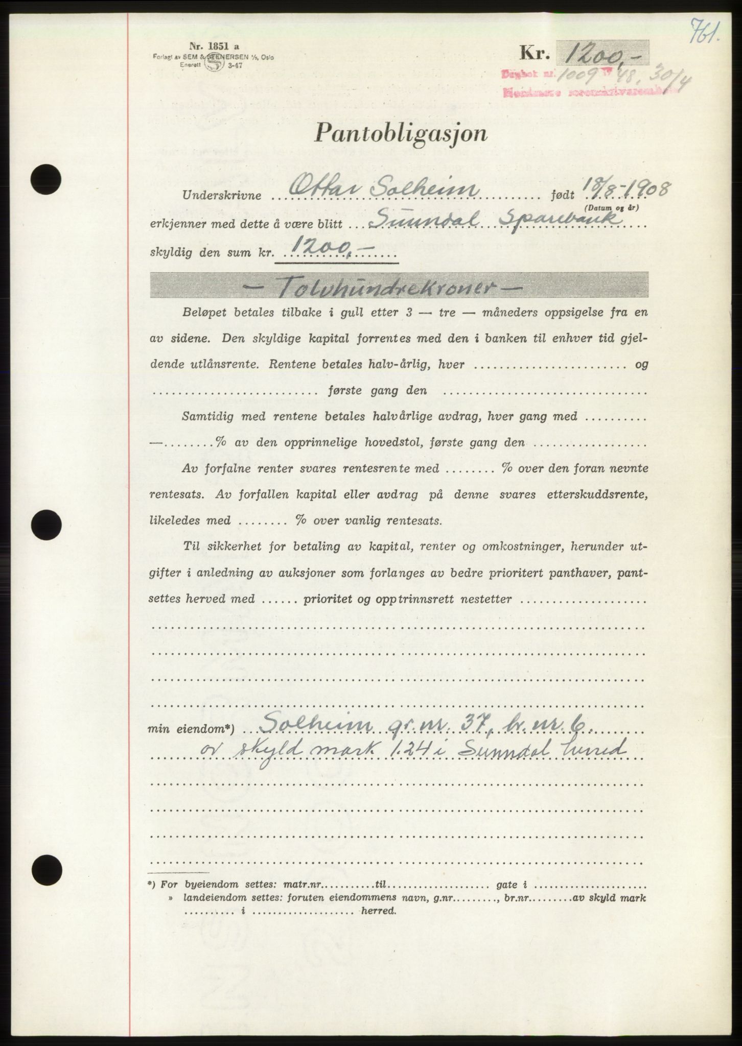 Nordmøre sorenskriveri, AV/SAT-A-4132/1/2/2Ca: Pantebok nr. B98, 1948-1948, Dagboknr: 1009/1948