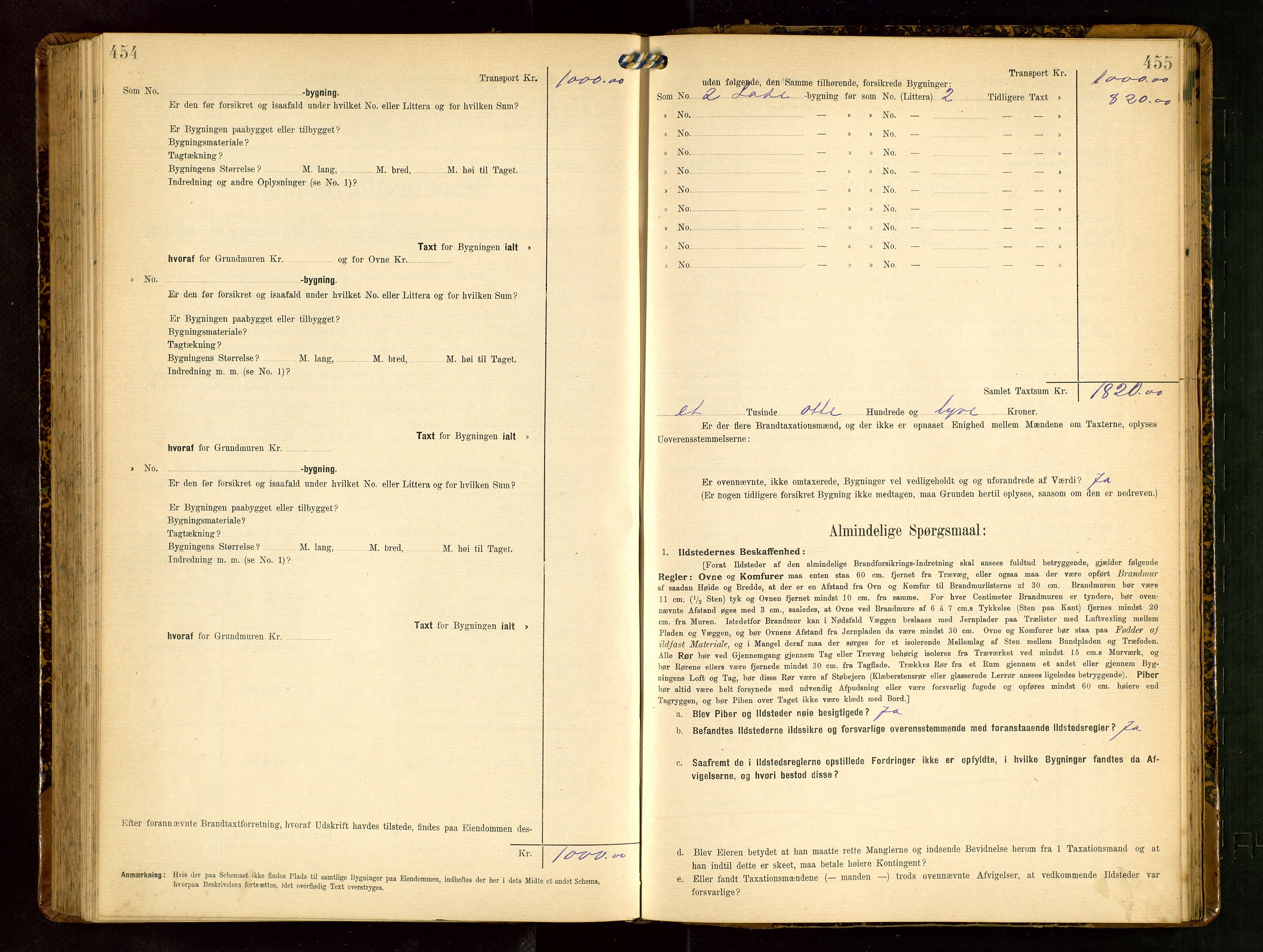 Håland lensmannskontor, AV/SAST-A-100100/Gob/L0003: Branntakstprotokoll - skjematakst. Register i boken., 1909-1910, s. 454-455