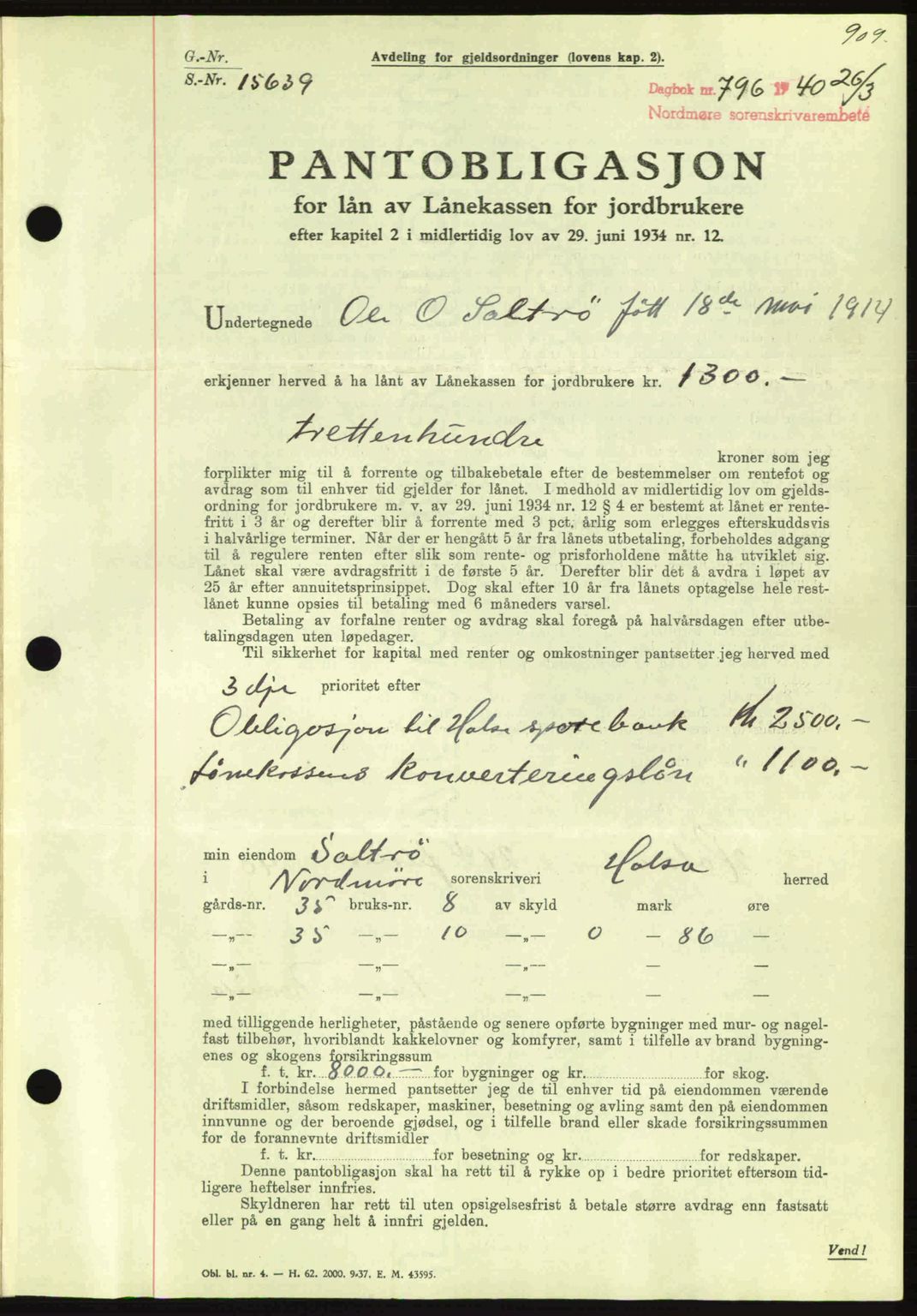 Nordmøre sorenskriveri, AV/SAT-A-4132/1/2/2Ca: Pantebok nr. B86, 1939-1940, Dagboknr: 796/1940