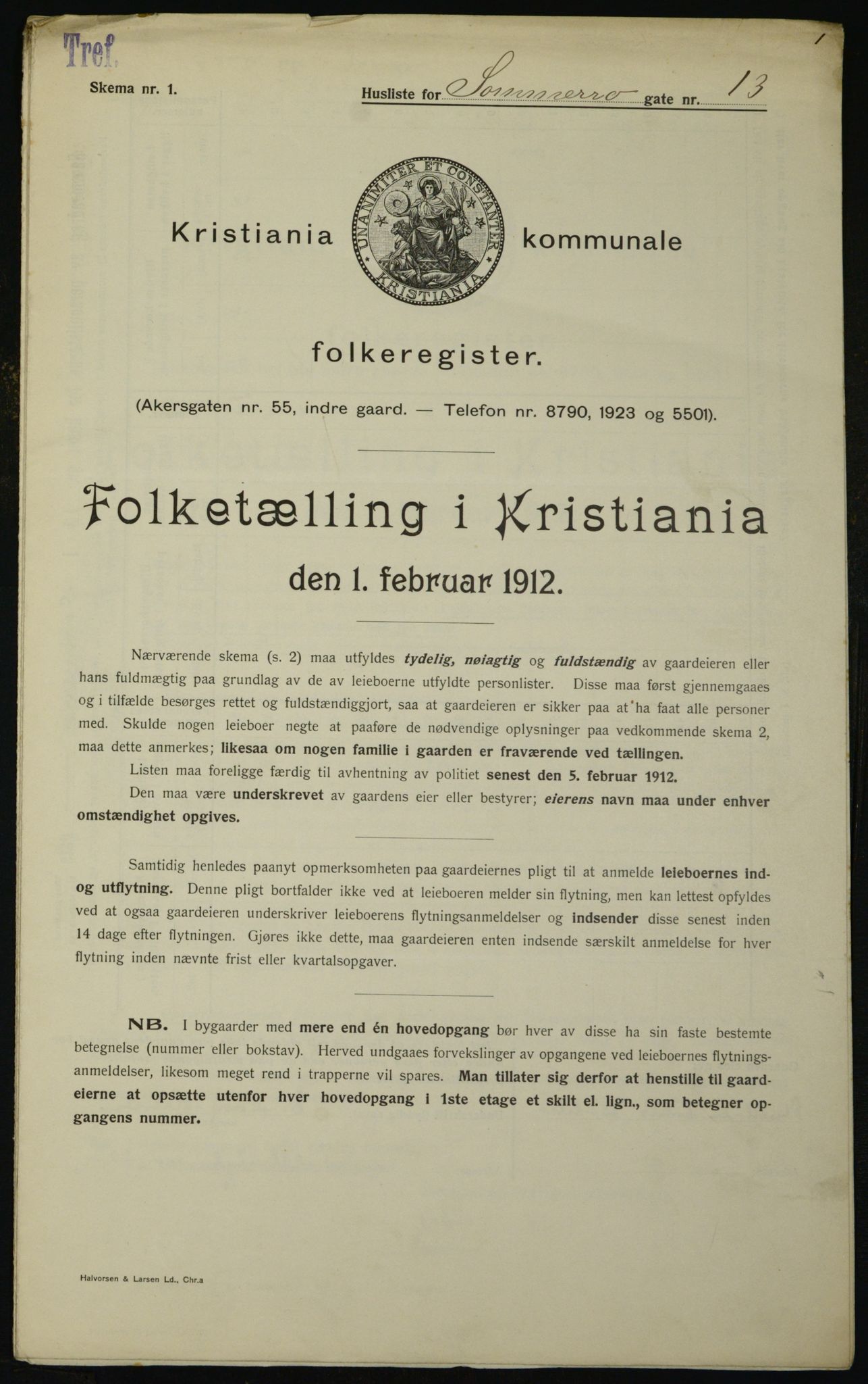 OBA, Kommunal folketelling 1.2.1912 for Kristiania, 1912, s. 100047