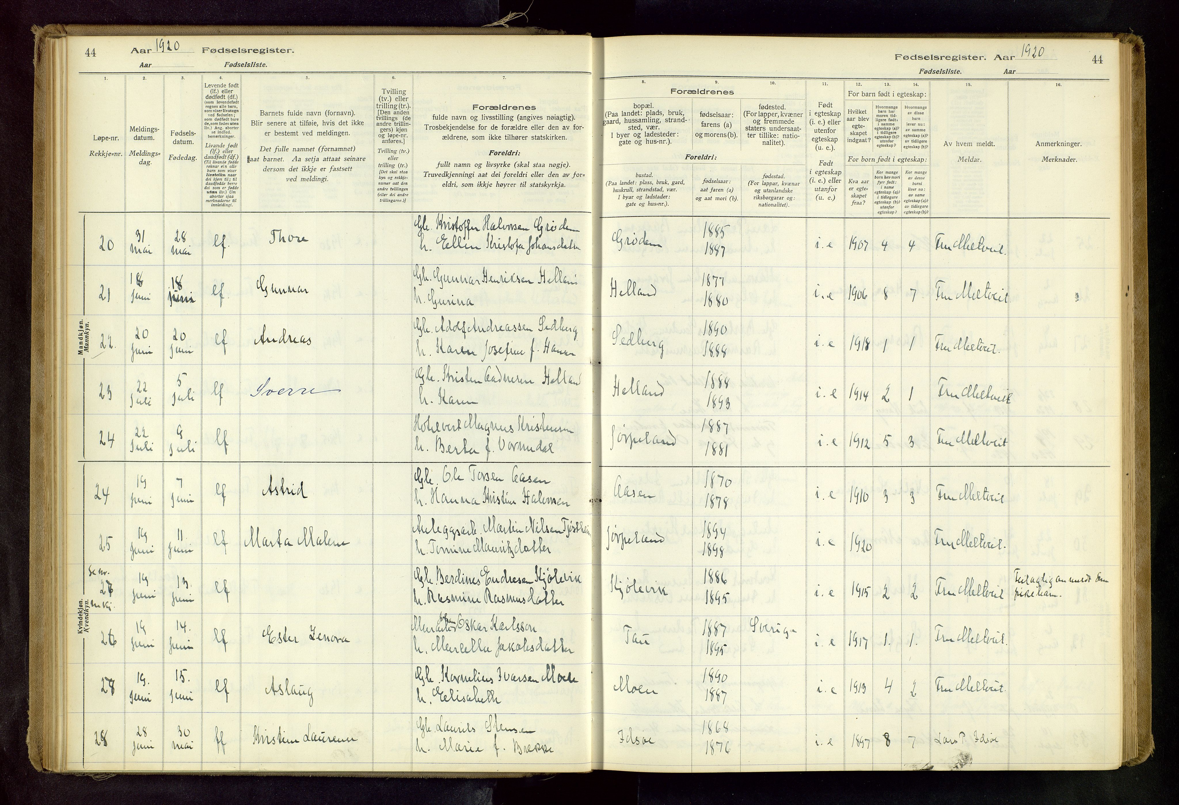 Strand sokneprestkontor, AV/SAST-A-101828/I/Id/L0001: Fødselsregister nr. 1, 1916-1938, s. 44