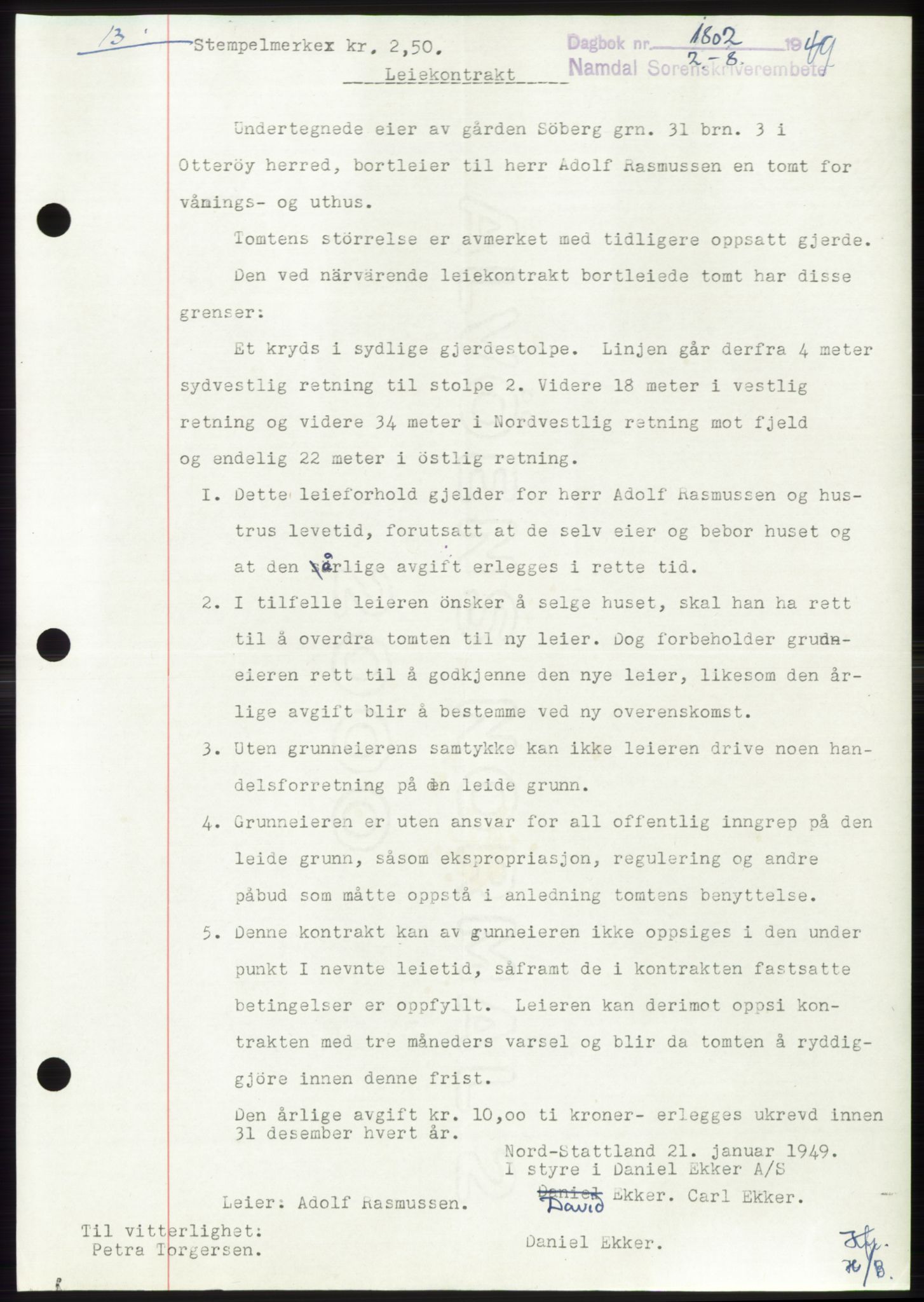 Namdal sorenskriveri, SAT/A-4133/1/2/2C: Pantebok nr. -, 1949-1949, Dagboknr: 1802/1949