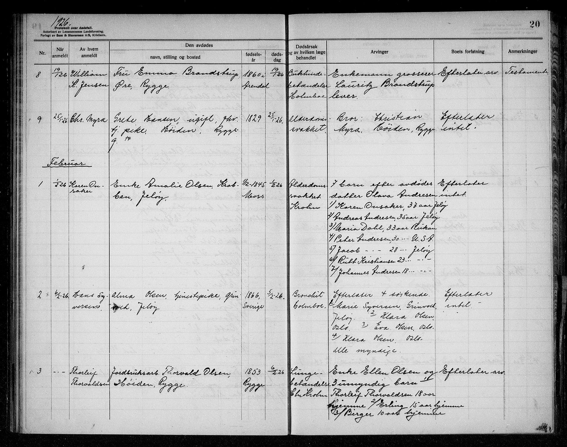 Rygge lensmannskontor, AV/SAO-A-10005/H/Ha/Haa/L0008: Dødsfallsprotokoll, 1925-1929, s. 20