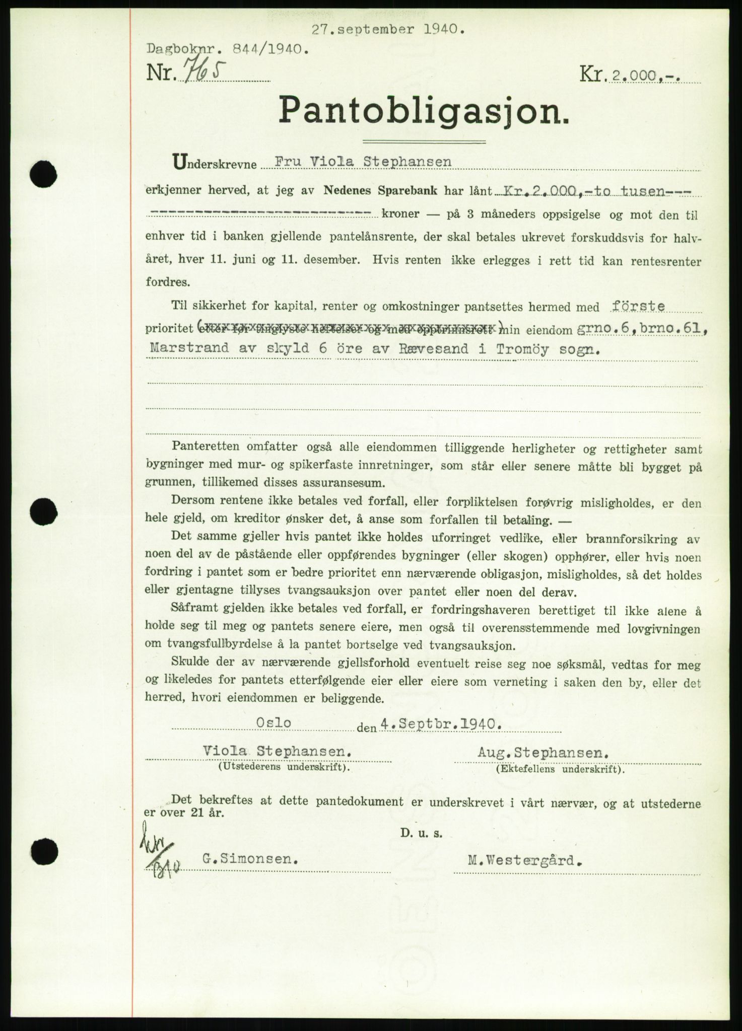 Nedenes sorenskriveri, SAK/1221-0006/G/Gb/Gbb/L0001: Pantebok nr. I, 1939-1942, Dagboknr: 844/1940