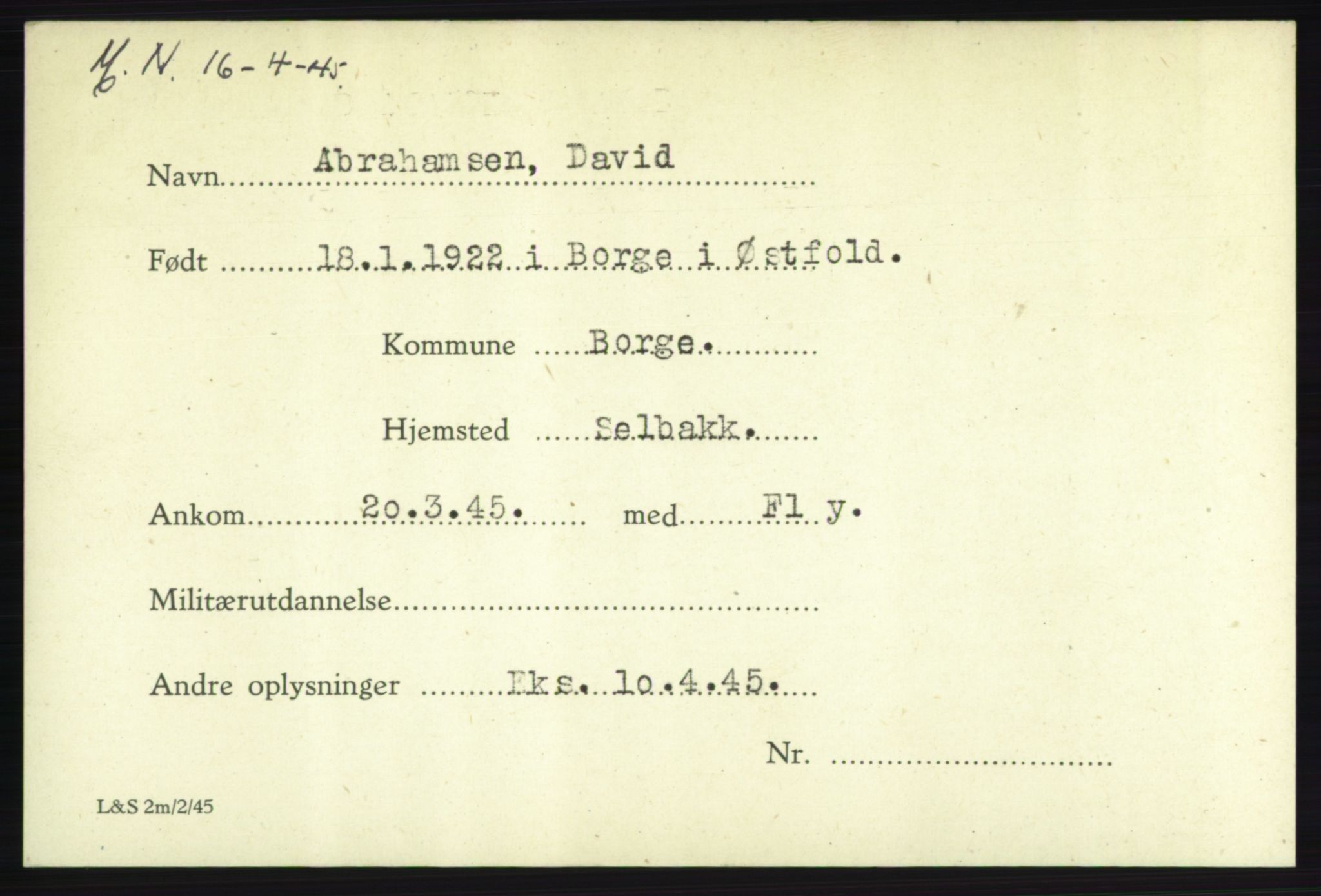 Forsvarets Overkommando. 2. kontor. Arkiv 8.1. Mottakersentralen FDE og FO.II, RA/RAFA-6952/P/Pa/L0001: AA/Å - Andvig , 1940-1945, s. 217