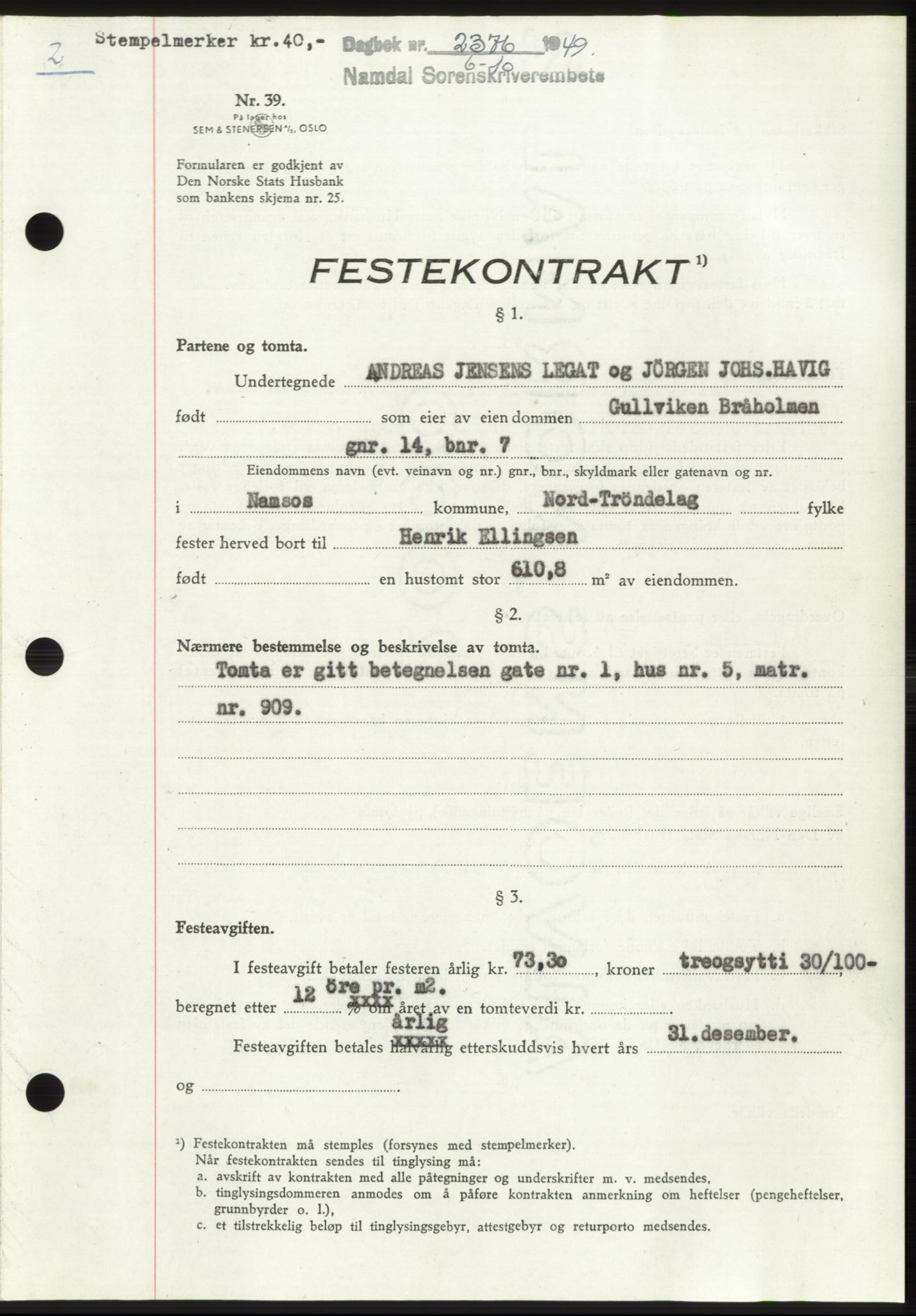 Namdal sorenskriveri, SAT/A-4133/1/2/2C: Pantebok nr. -, 1949-1949, Dagboknr: 2376/1949