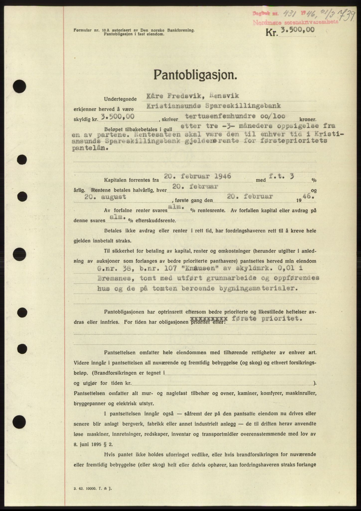 Nordmøre sorenskriveri, SAT/A-4132/1/2/2Ca: Pantebok nr. B93b, 1946-1946, Dagboknr: 431/1946