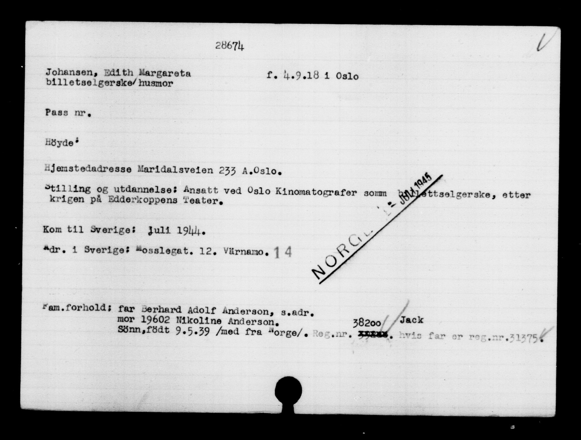 Utenriksstasjonene, Legasjonen i Stockholm, Flyktningkontoret, AV/RA-S-6753/V/Va/L0012: Kjesäterkartoteket, flyktninger med registreringsnr. 28300-31566, 1940-1945, s. 399