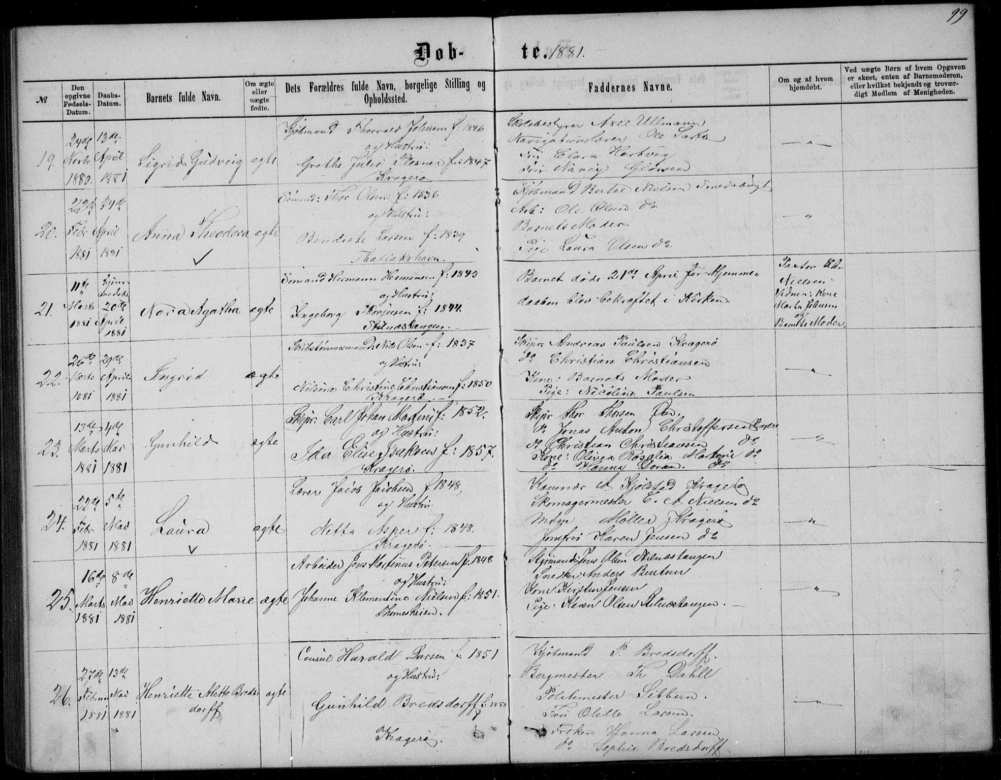 Kragerø kirkebøker, AV/SAKO-A-278/G/Ga/L0006: Klokkerbok nr. 6, 1876-1881, s. 99
