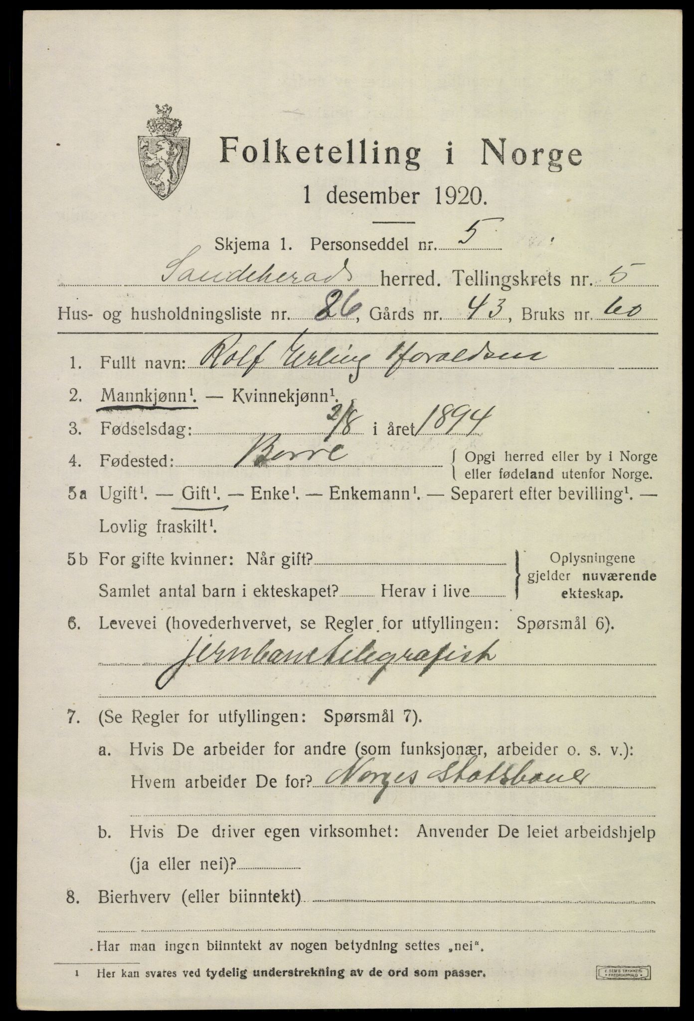 SAKO, Folketelling 1920 for 0724 Sandeherred herred, 1920, s. 9224
