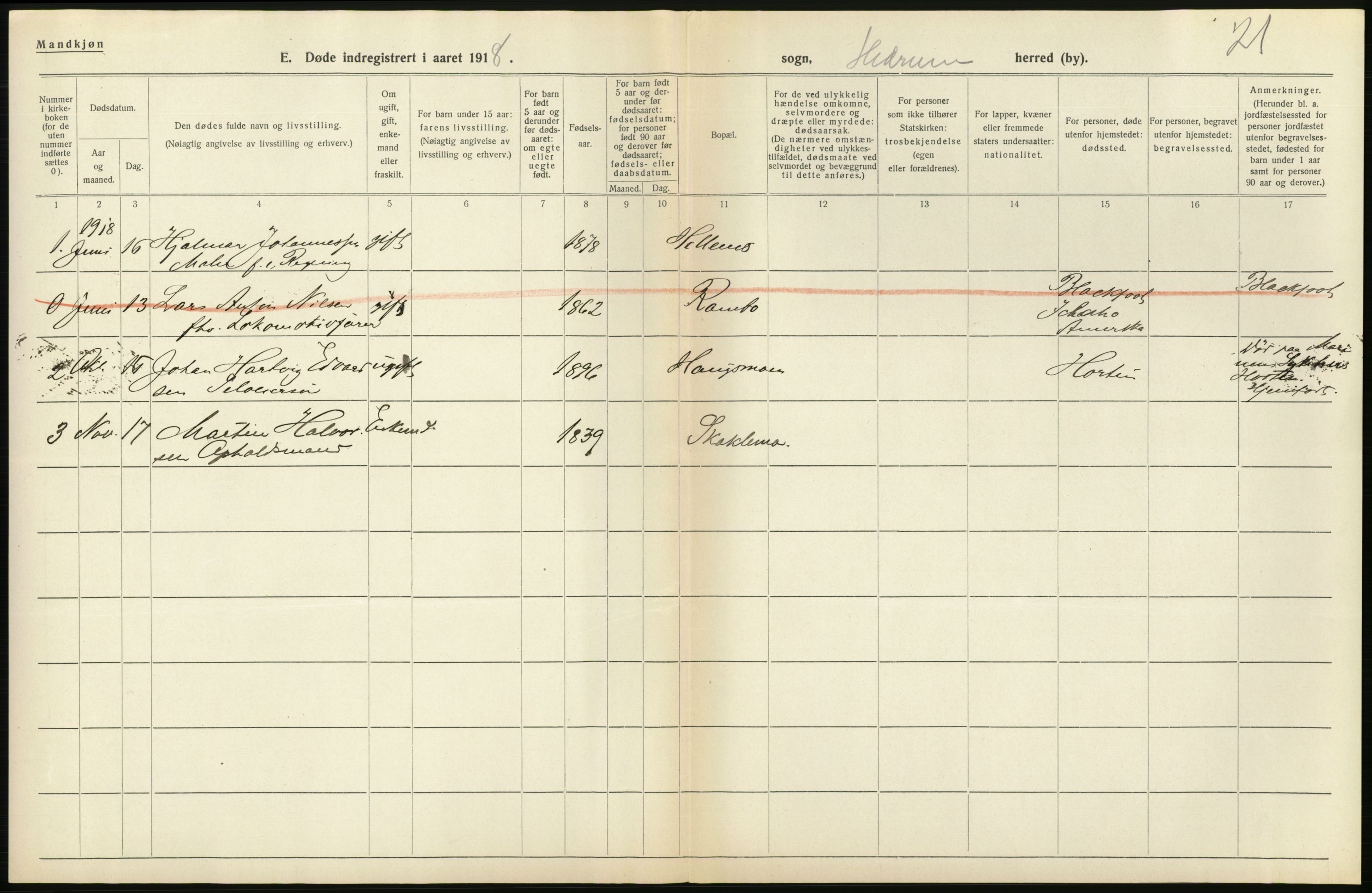 Statistisk sentralbyrå, Sosiodemografiske emner, Befolkning, AV/RA-S-2228/D/Df/Dfb/Dfbh/L0023: Vestfold fylke: Døde. Bygder og byer., 1918, s. 152