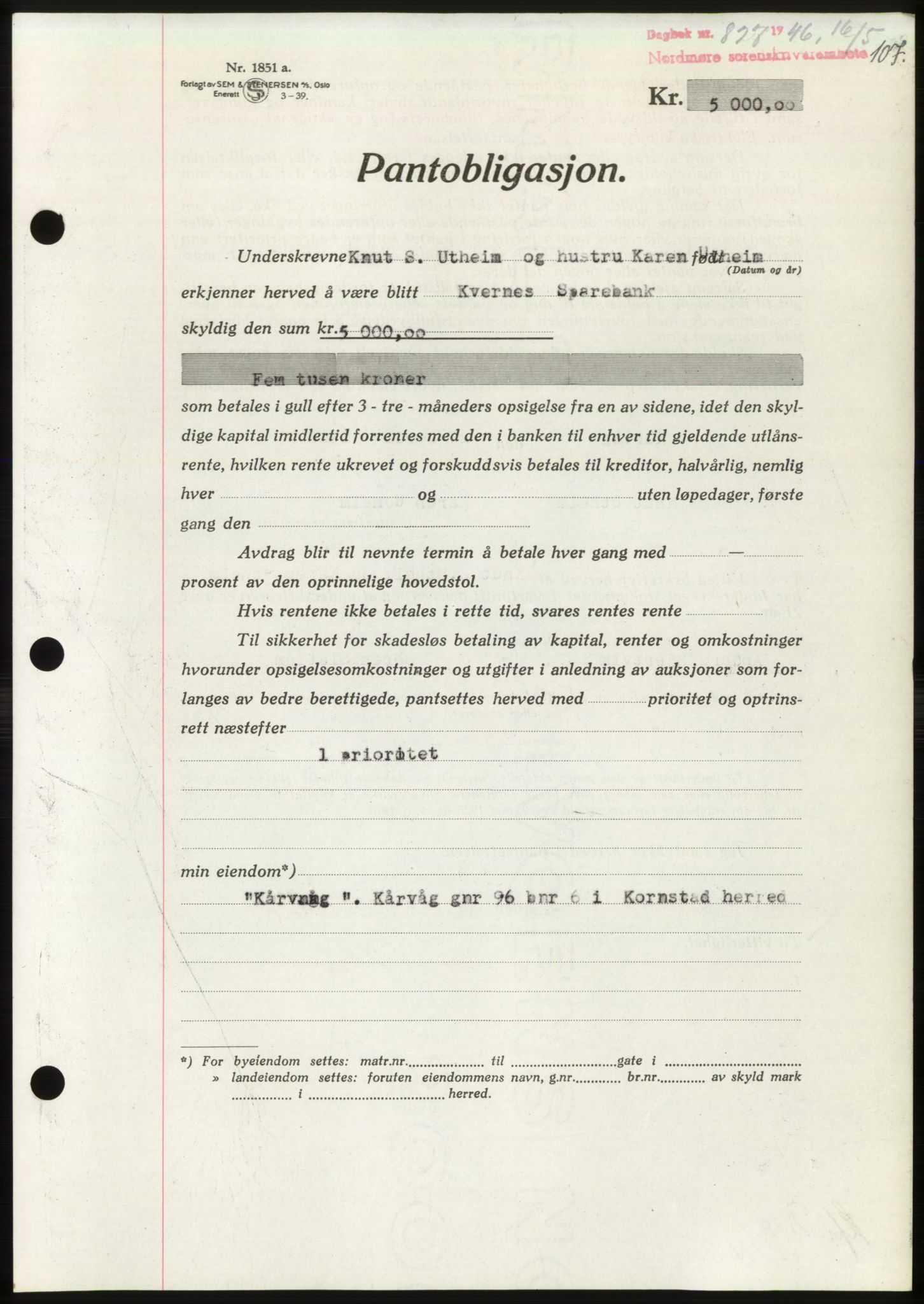 Nordmøre sorenskriveri, AV/SAT-A-4132/1/2/2Ca: Pantebok nr. B94, 1946-1946, Dagboknr: 827/1946