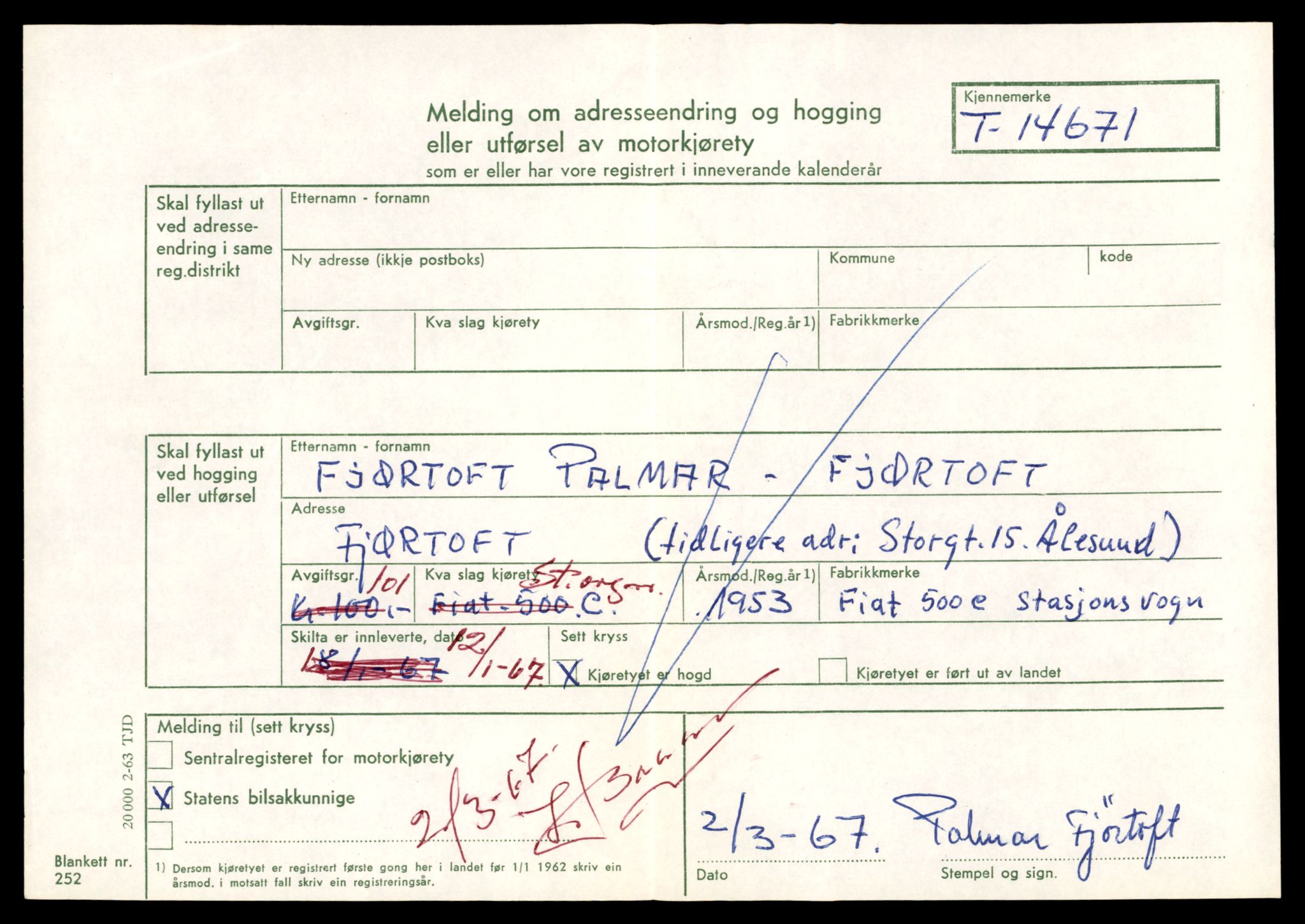 Møre og Romsdal vegkontor - Ålesund trafikkstasjon, AV/SAT-A-4099/F/Fe/L0047: Registreringskort for kjøretøy T 14580 - T 14720, 1927-1998, s. 2121