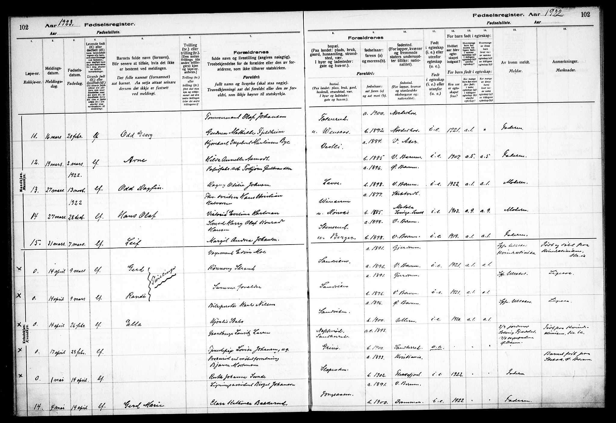 Vestre Bærum prestekontor Kirkebøker, AV/SAO-A-10209a/J/L0001: Fødselsregister nr. 1, 1916-1926, s. 102