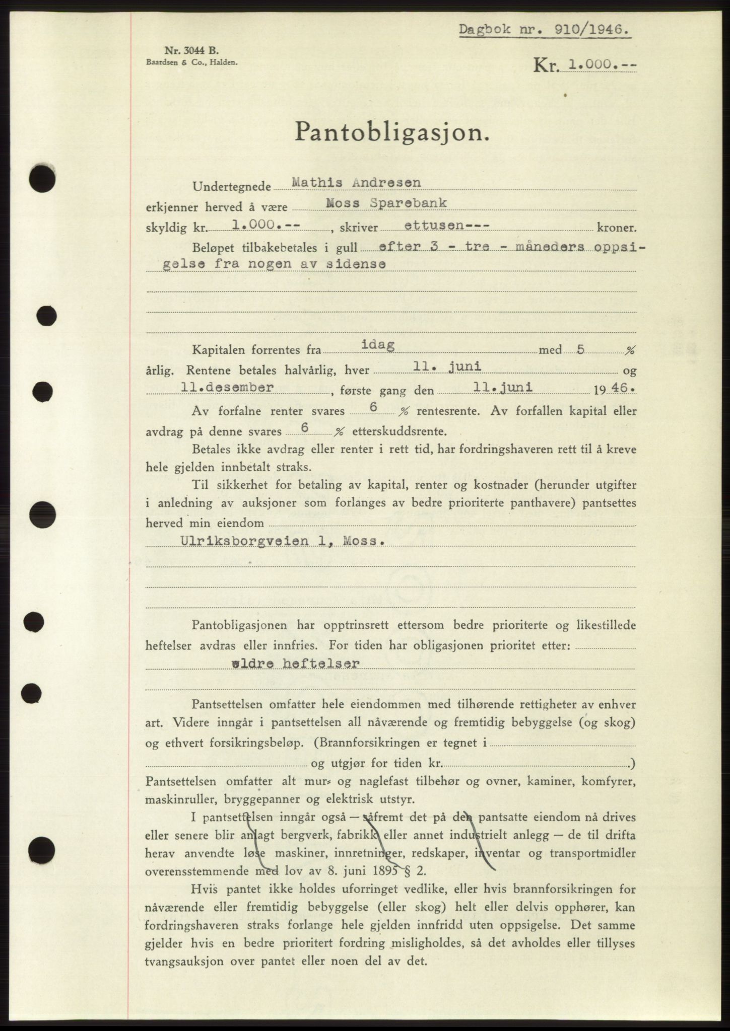 Moss sorenskriveri, SAO/A-10168: Pantebok nr. B15, 1946-1946, Dagboknr: 910/1946