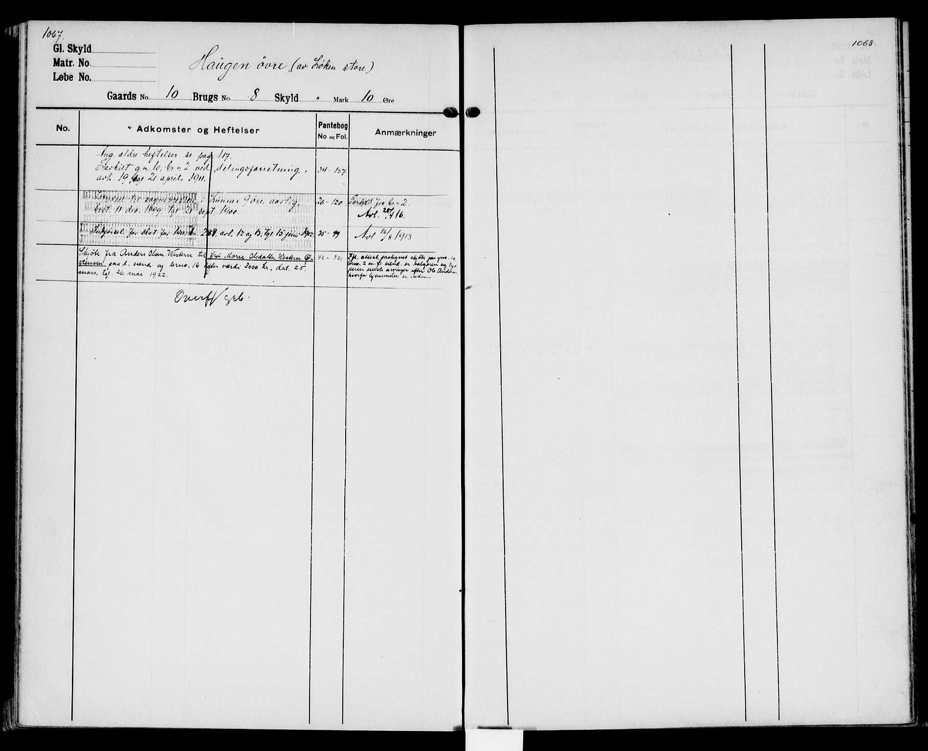 Hadeland og Land tingrett, AV/SAH-TING-010/H/Ha/Hac/L0002: Panteregister nr. 3.2, 1906-1950, s. 1067-1068