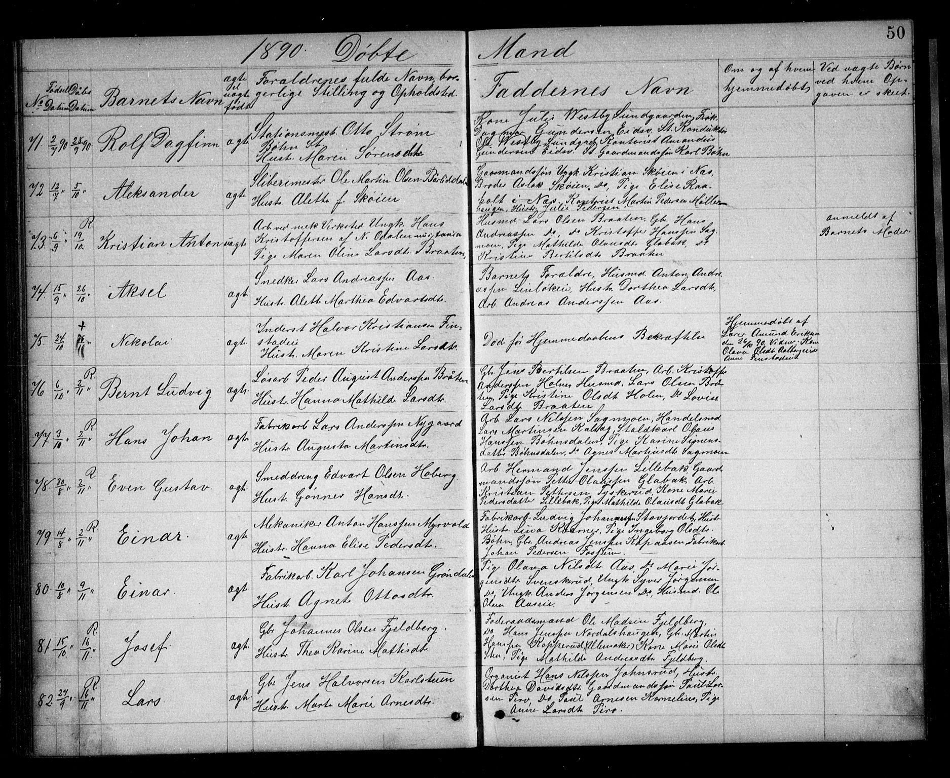 Eidsvoll prestekontor Kirkebøker, AV/SAO-A-10888/G/Ga/L0005: Klokkerbok nr. I 5, 1884-1894, s. 50