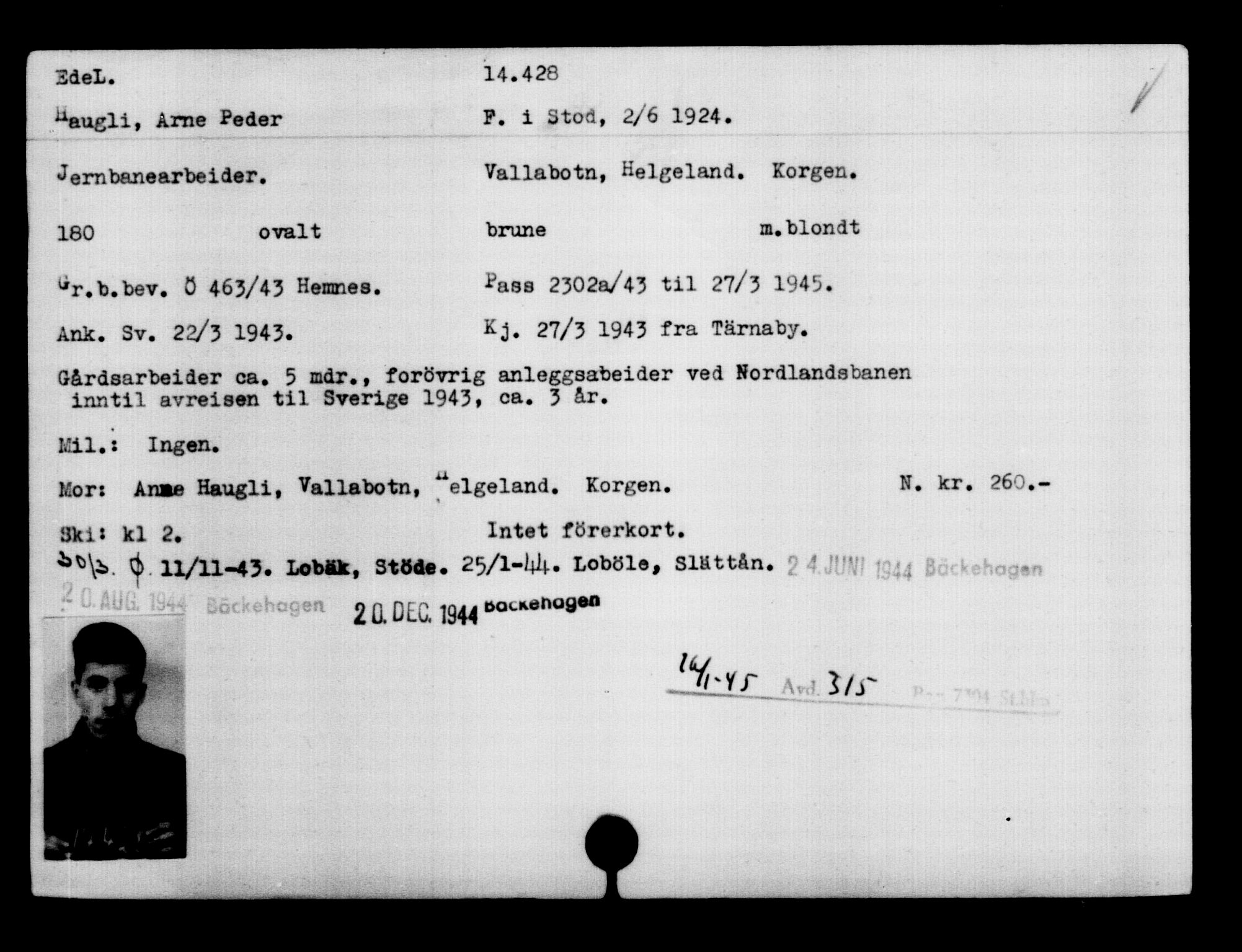 Utenriksstasjonene, Legasjonen i Stockholm, Flyktningkontoret, AV/RA-S-6753/V/Va/L0007: Kjesäterkartoteket, flyktninger med registreringsnr. 12700-15723, 1940-1945, s. 1997