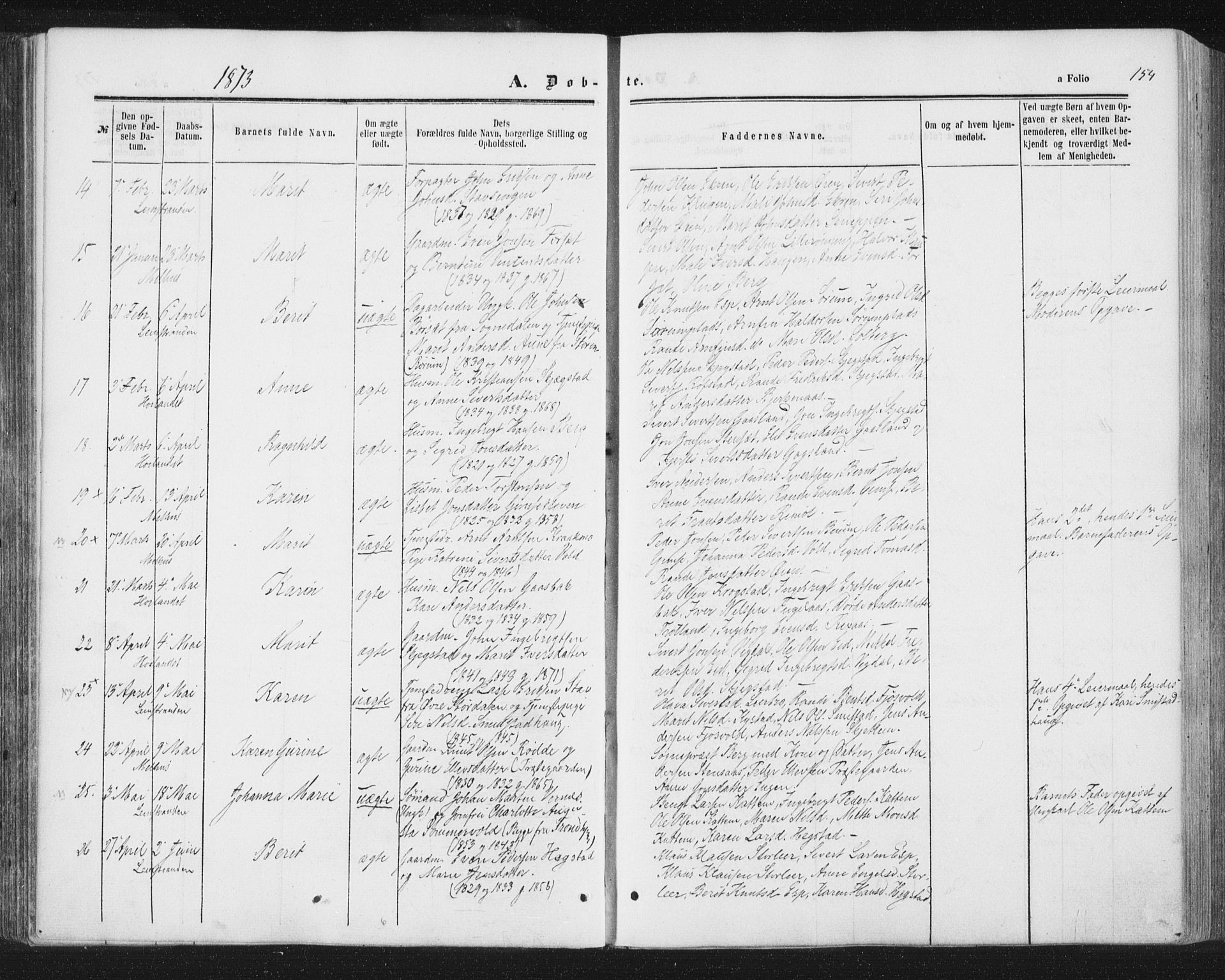 Ministerialprotokoller, klokkerbøker og fødselsregistre - Sør-Trøndelag, SAT/A-1456/691/L1077: Ministerialbok nr. 691A09, 1862-1873, s. 154