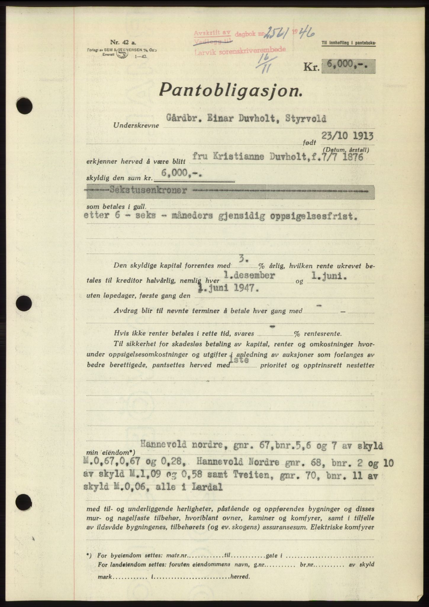 Larvik sorenskriveri, AV/SAKO-A-83/G/Ga/Gac/L0011: Pantebok nr. B-11, 1946-1947, Dagboknr: 2561/1946