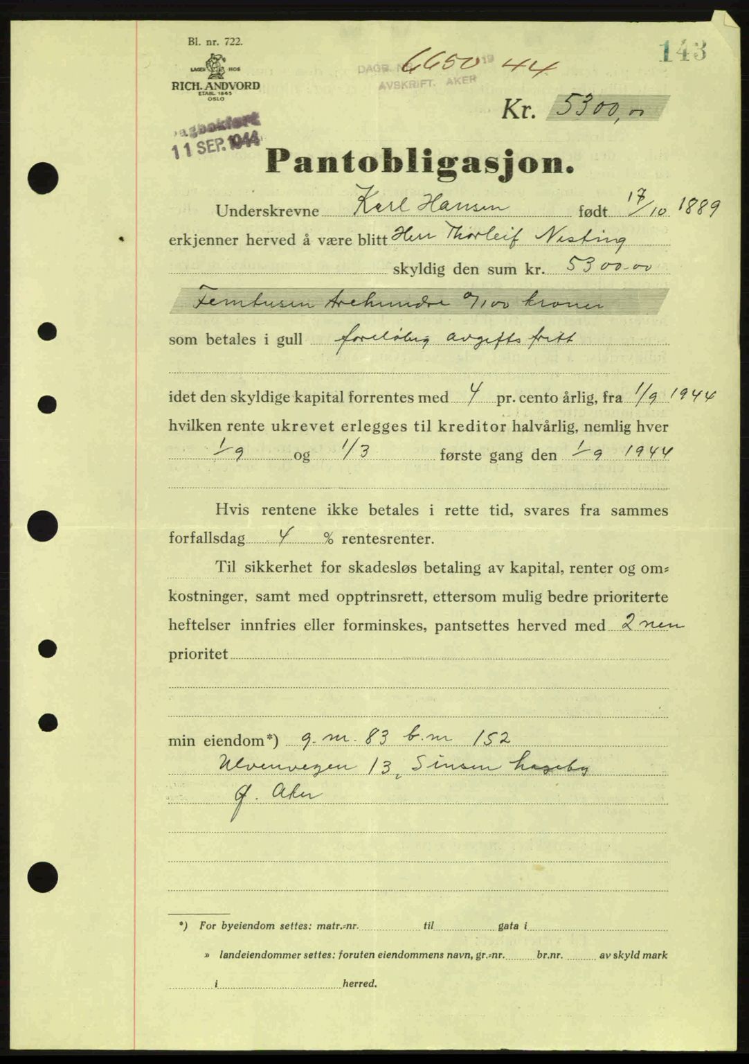 Aker herredsskriveri, SAO/A-10896/G/Gb/Gba/Gbac/L0035: Pantebok nr. B200-201, 1944-1944, Dagboknr: 6650/1944