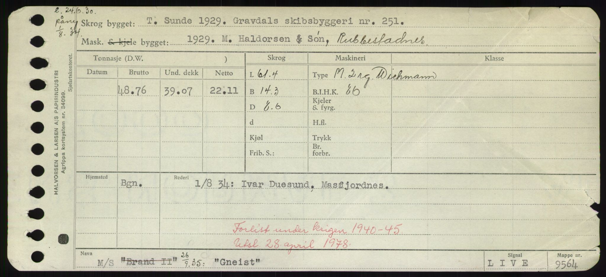 Sjøfartsdirektoratet med forløpere, Skipsmålingen, RA/S-1627/H/Hd/L0013: Fartøy, Gne-Gås, s. 1