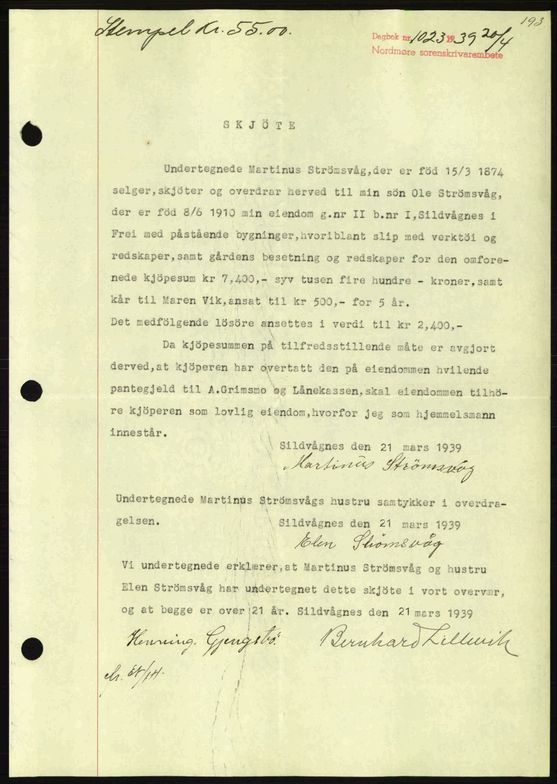Nordmøre sorenskriveri, SAT/A-4132/1/2/2Ca: Pantebok nr. A86, 1939-1939, Dagboknr: 1023/1939