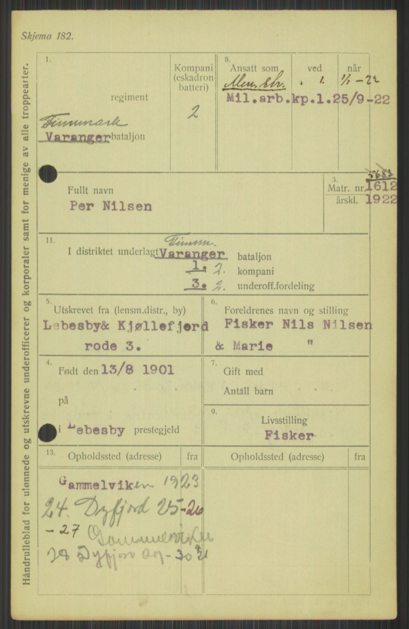 Forsvaret, Varanger bataljon, AV/RA-RAFA-2258/1/D/L0440: Rulleblad for fødte 1892-1912, 1892-1912, s. 623