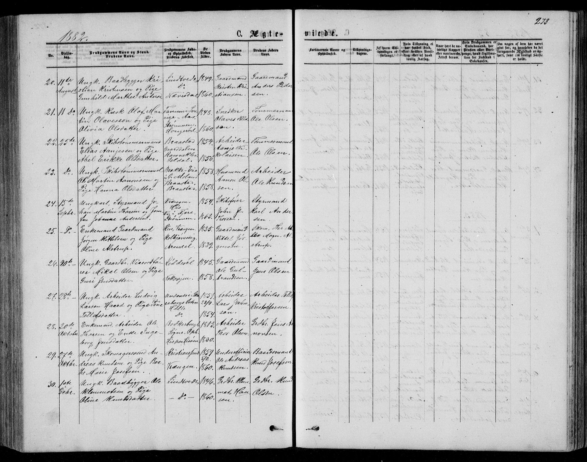 Øyestad sokneprestkontor, AV/SAK-1111-0049/F/Fb/L0008: Klokkerbok nr. B 8, 1872-1886, s. 273