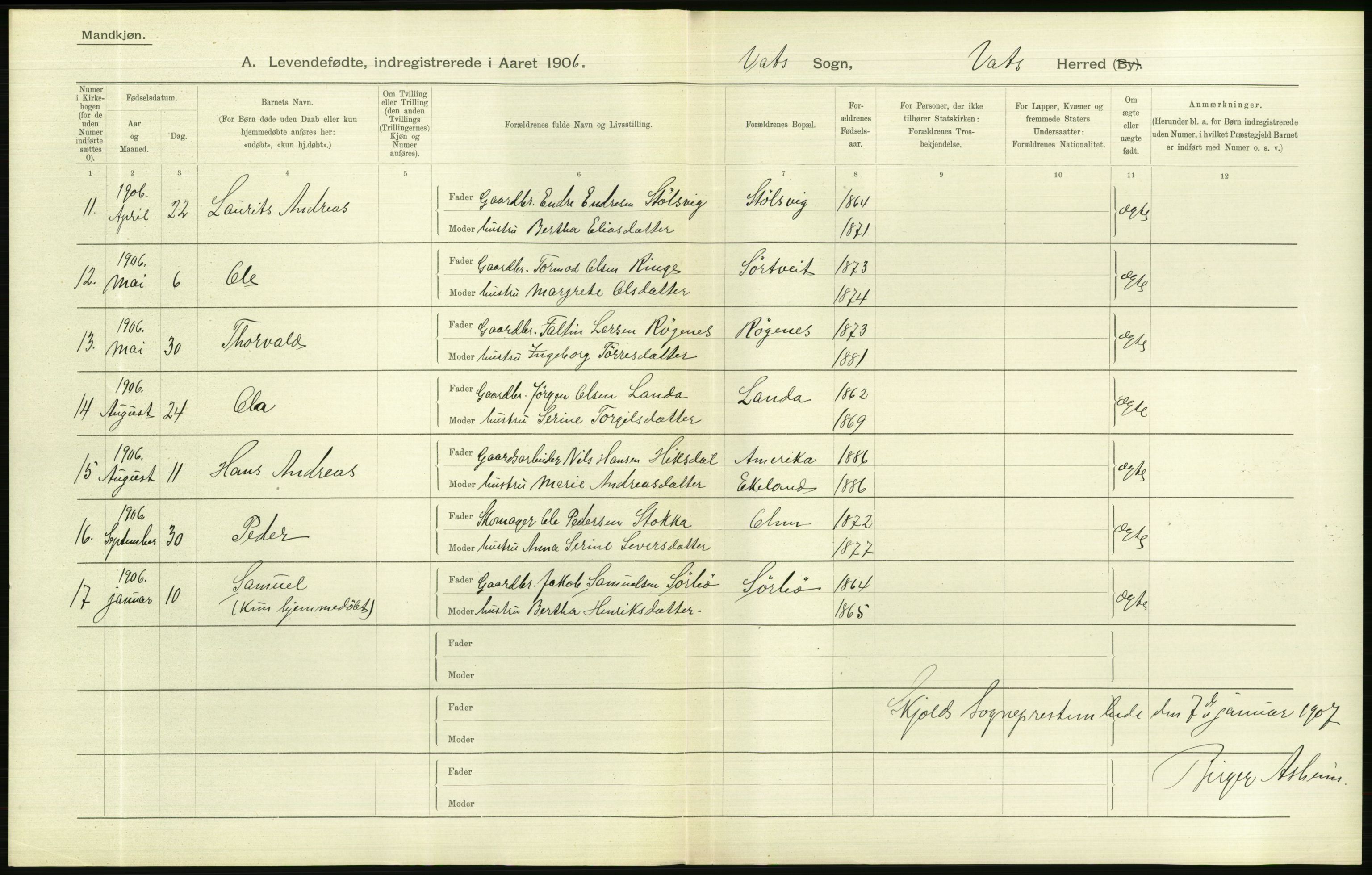 Statistisk sentralbyrå, Sosiodemografiske emner, Befolkning, AV/RA-S-2228/D/Df/Dfa/Dfad/L0025: Stavanger amt: Levendefødte menn og kvinner. Bygder., 1906, s. 278