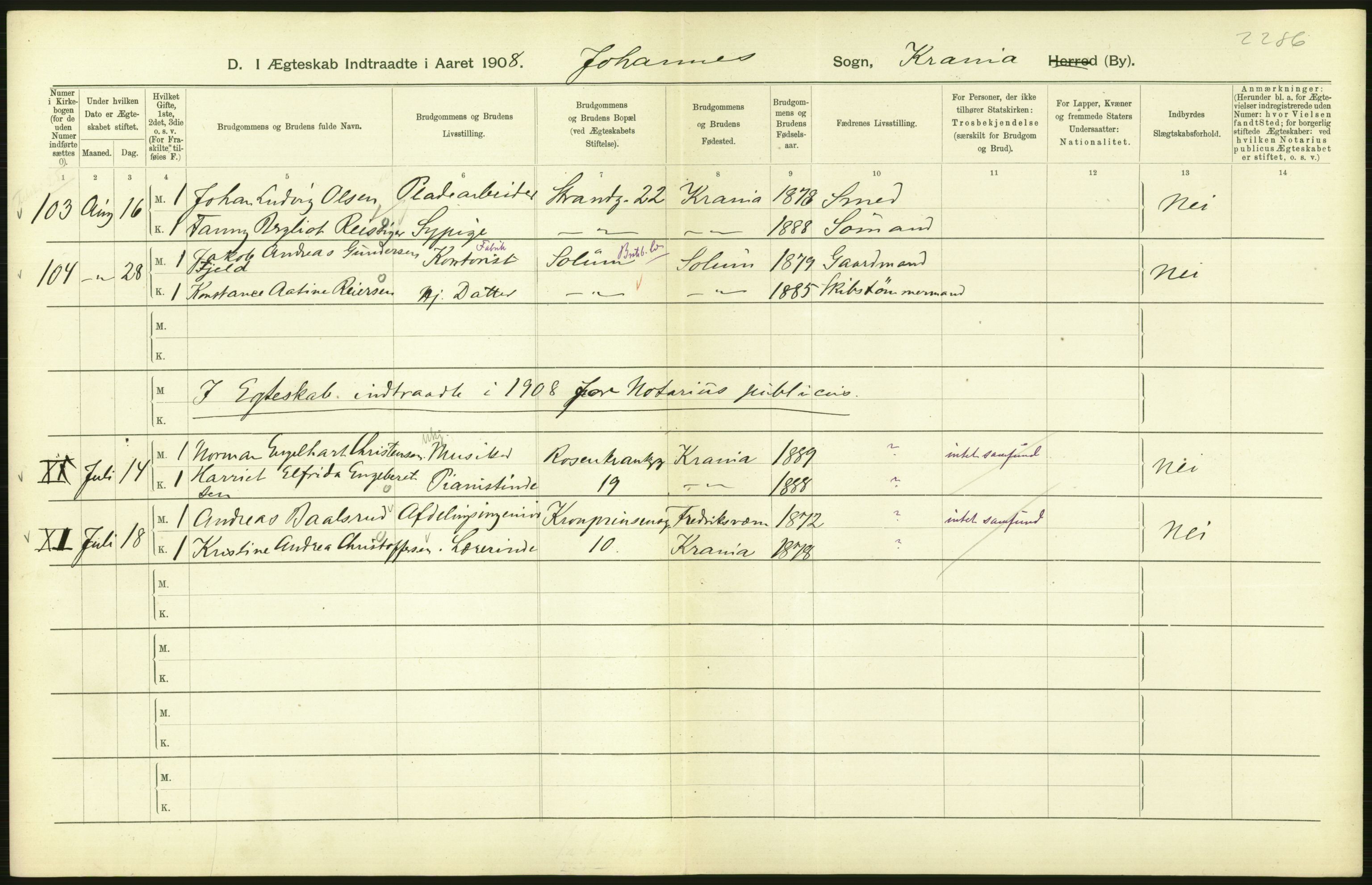 Statistisk sentralbyrå, Sosiodemografiske emner, Befolkning, AV/RA-S-2228/D/Df/Dfa/Dfaf/L0007: Kristiania: Gifte, 1908, s. 350