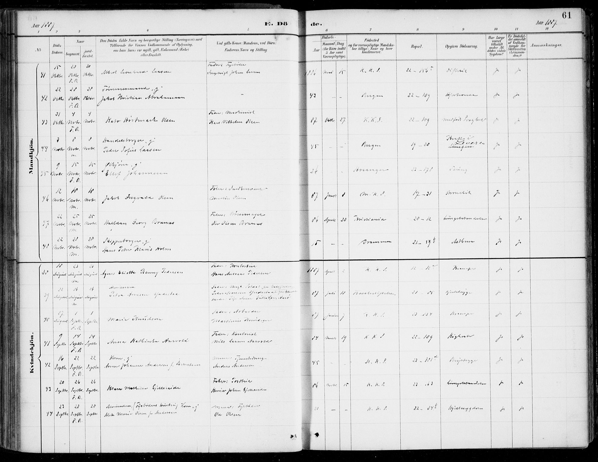 Korskirken sokneprestembete, AV/SAB-A-76101/H/Hab: Klokkerbok nr. E 4, 1884-1910, s. 61