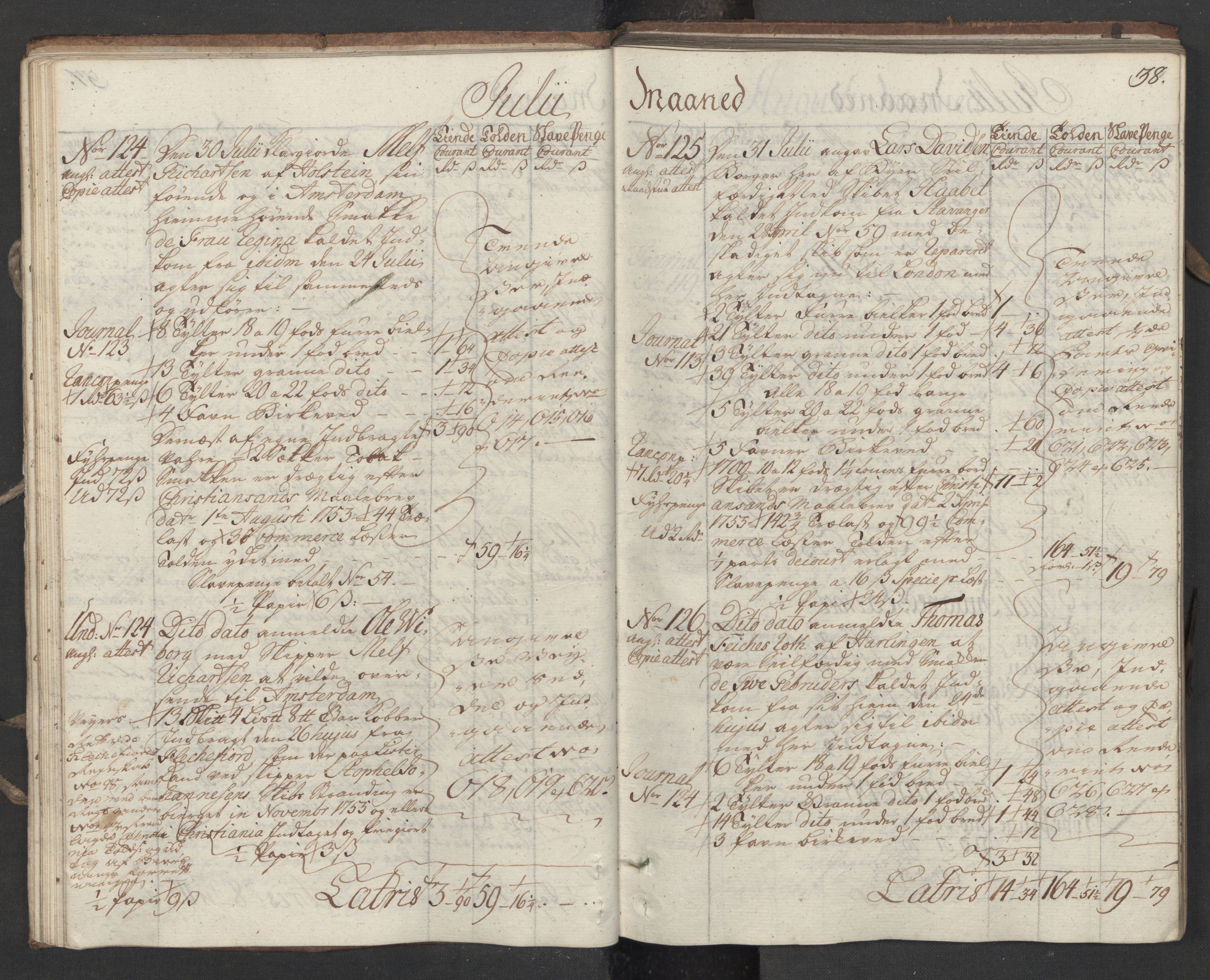 Generaltollkammeret, tollregnskaper, AV/RA-EA-5490/R16/L0034/0001: Tollregnskaper Kristiansand / Utgående hovedtollbok, 1756, s. 37b-38a