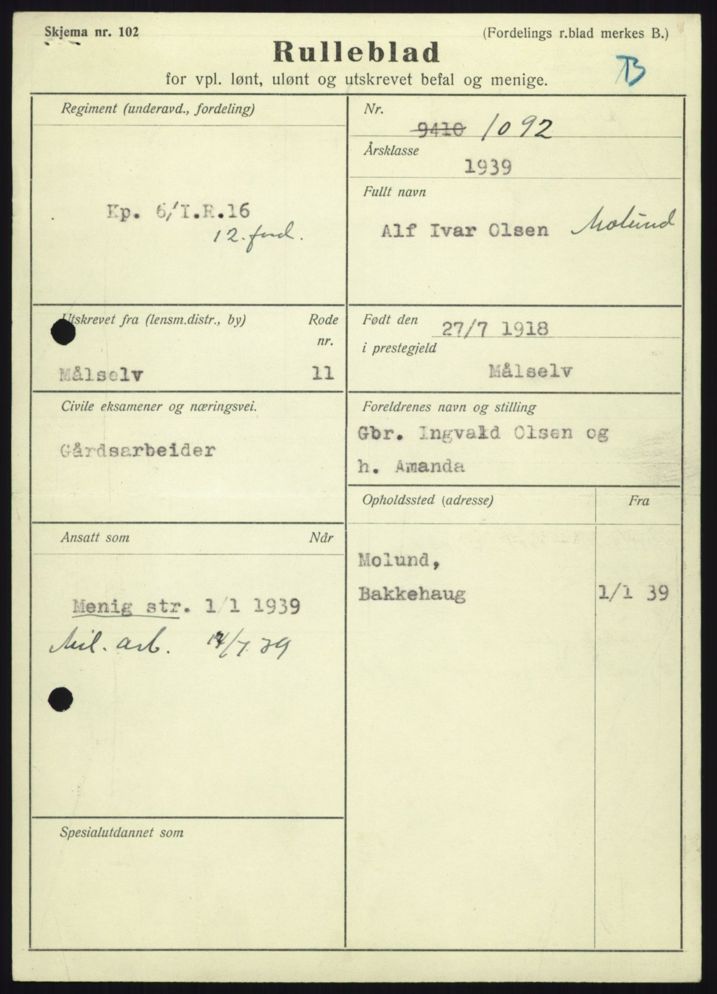 Forsvaret, Troms infanteriregiment nr. 16, AV/RA-RAFA-3146/P/Pa/L0023: Rulleblad for regimentets menige mannskaper, årsklasse 1939, 1939, s. 887