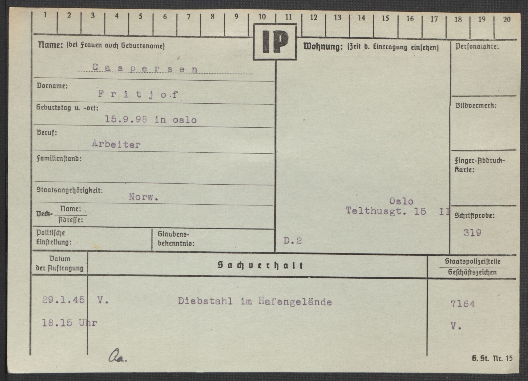 Befehlshaber der Sicherheitspolizei und des SD, AV/RA-RAFA-5969/E/Ea/Eaa/L0002: Register over norske fanger i Møllergata 19: Bj-Eng, 1940-1945, s. 677