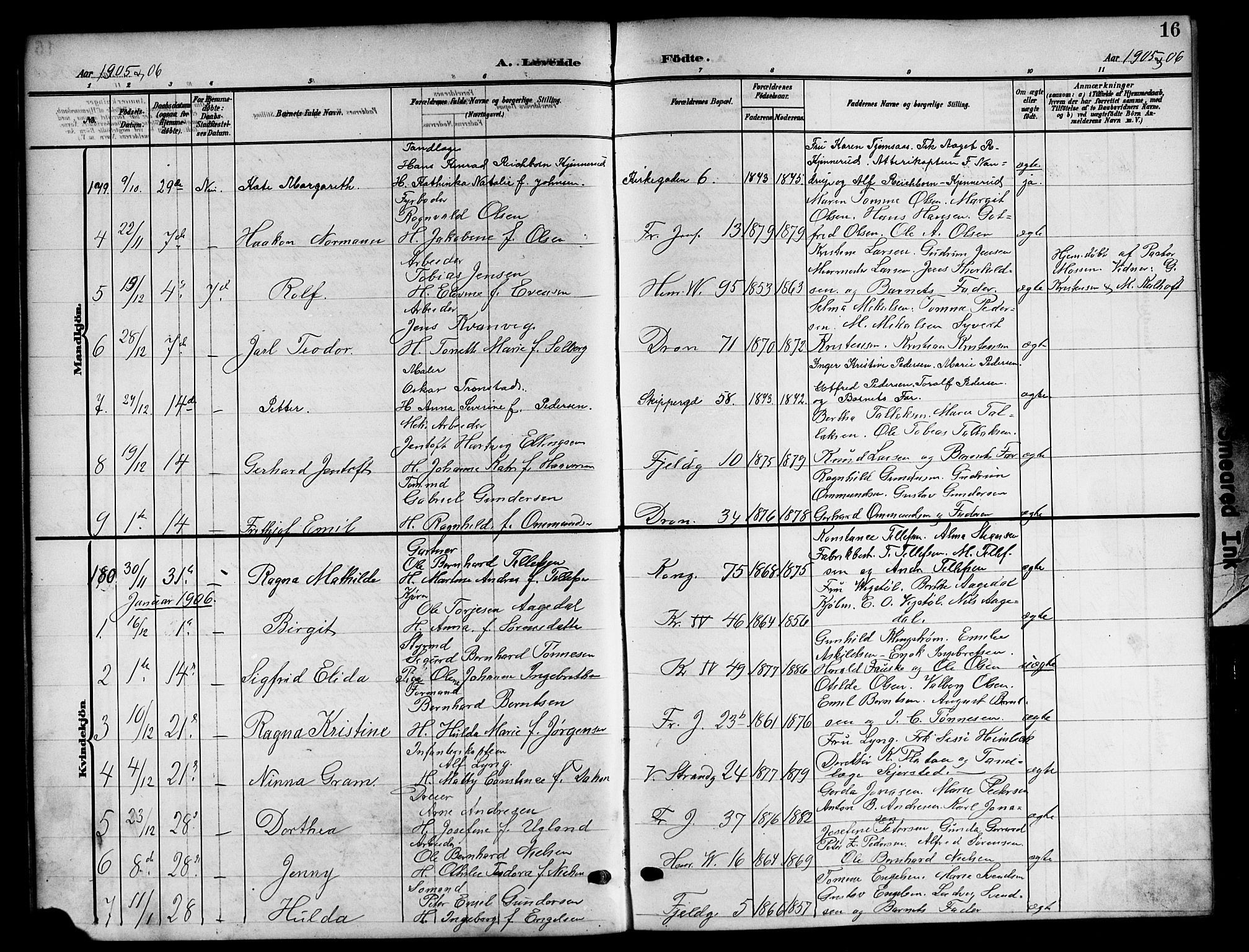 Kristiansand domprosti, AV/SAK-1112-0006/F/Fb/L0019: Klokkerbok nr. B 19, 1905-1914, s. 16