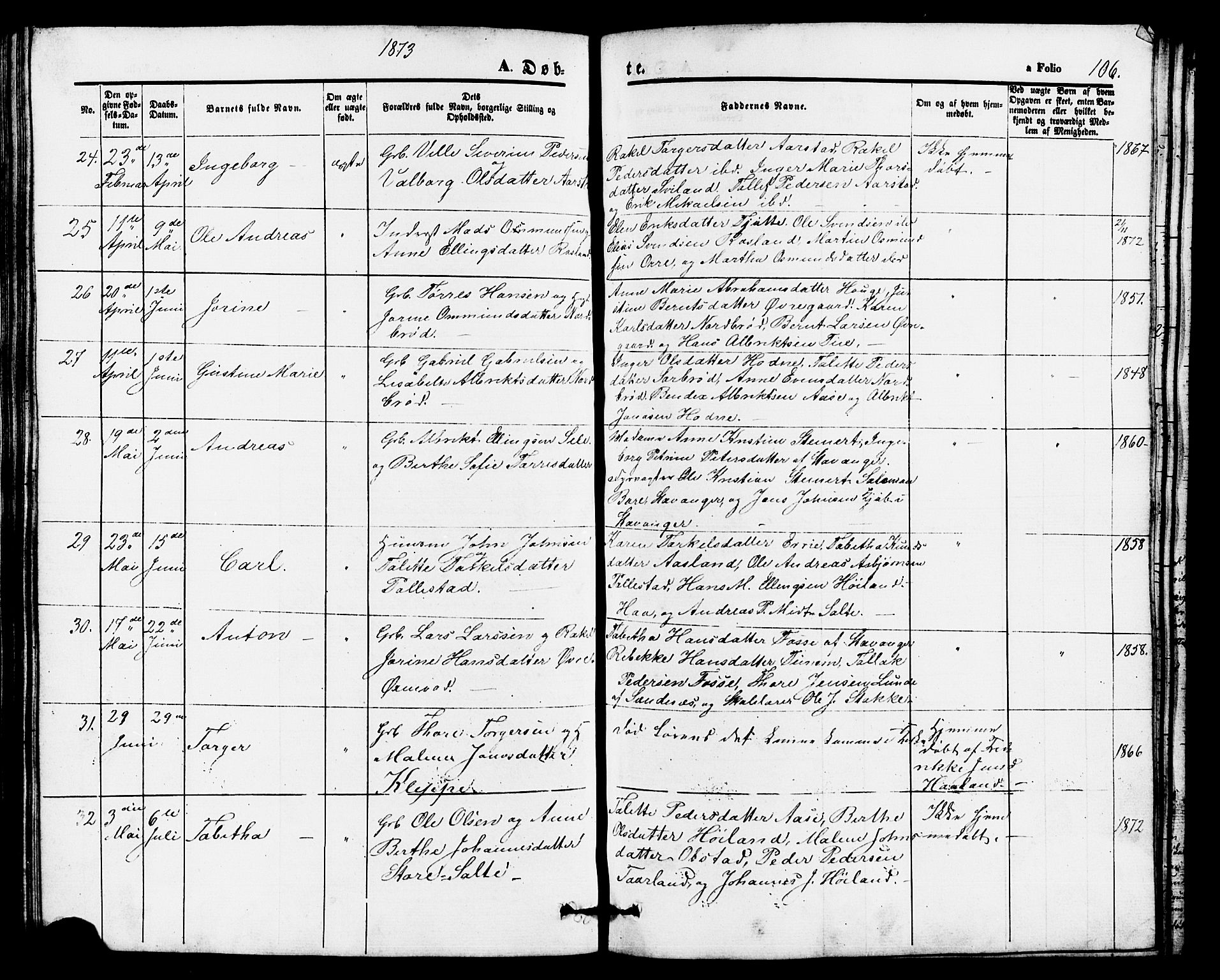 Klepp sokneprestkontor, AV/SAST-A-101803/001/30/300BB/L0002: Klokkerbok nr. B 2, 1860-1875, s. 106