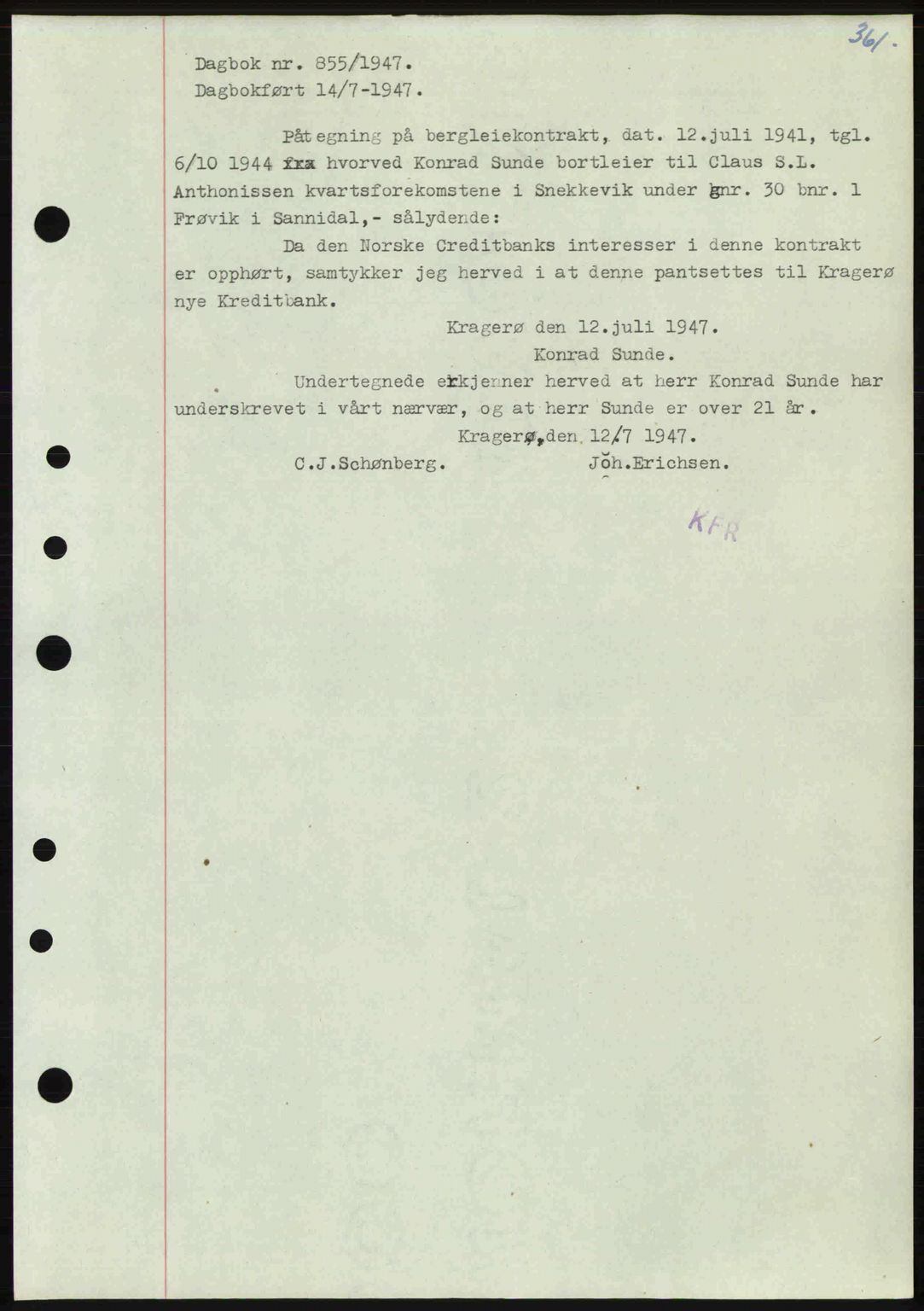 Kragerø sorenskriveri, SAKO/A-65/G/Ga/Gab/L0061: Pantebok nr. A-61, 1947-1947, Dagboknr: 855/1947