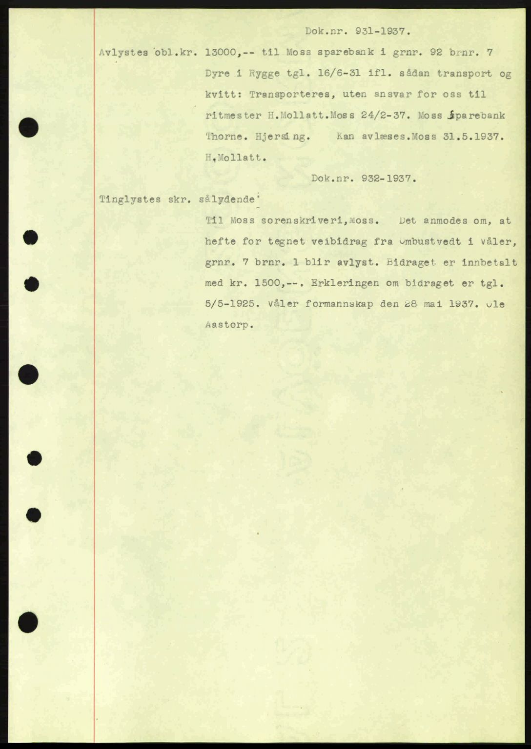 Moss sorenskriveri, SAO/A-10168: Pantebok nr. B3, 1937-1937, Dagboknr: 931/1937
