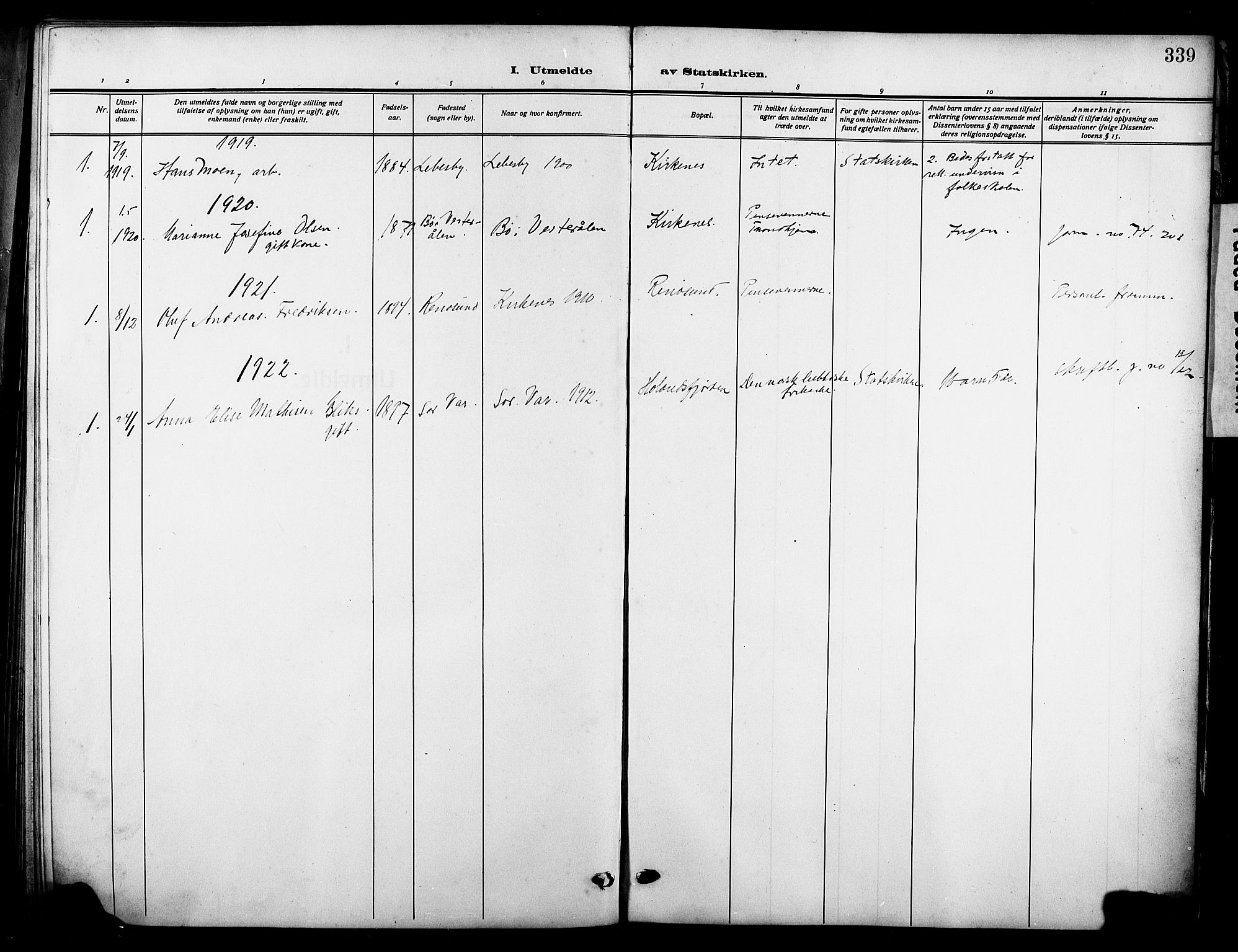 Sør-Varanger sokneprestkontor, AV/SATØ-S-1331/H/Hb/L0005klokker: Klokkerbok nr. 5, 1919-1927, s. 339