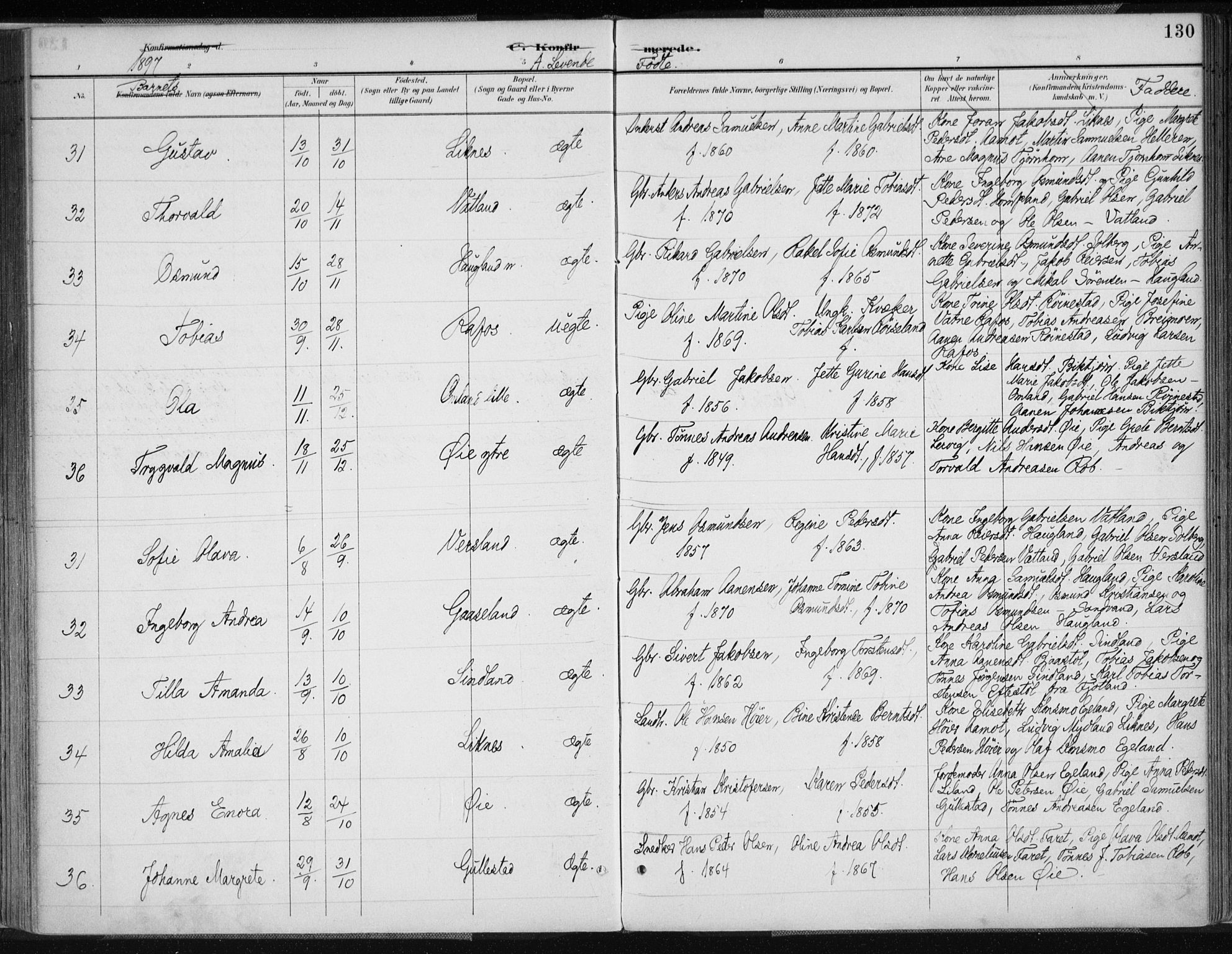 Kvinesdal sokneprestkontor, AV/SAK-1111-0026/F/Fa/Fab/L0008: Ministerialbok nr. A 8, 1886-1897, s. 130