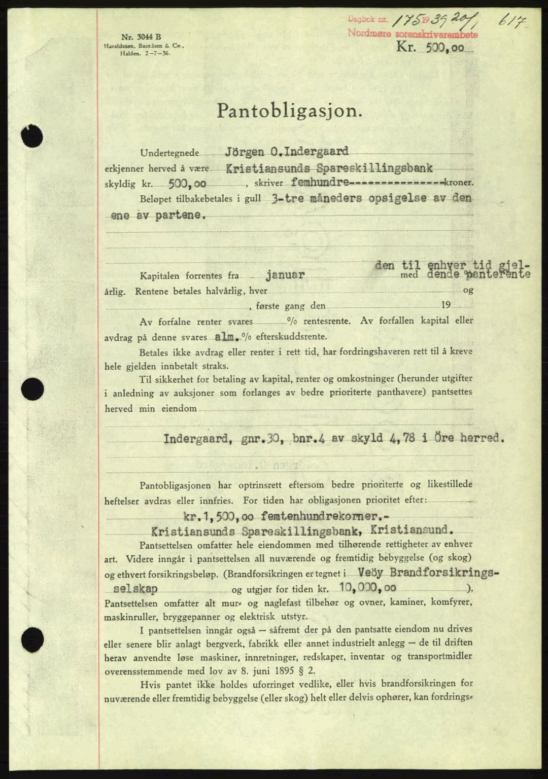 Nordmøre sorenskriveri, AV/SAT-A-4132/1/2/2Ca: Pantebok nr. B84, 1938-1939, Dagboknr: 175/1939