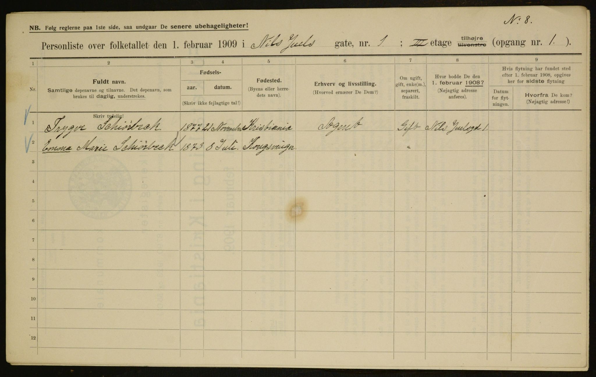 OBA, Kommunal folketelling 1.2.1909 for Kristiania kjøpstad, 1909, s. 63437